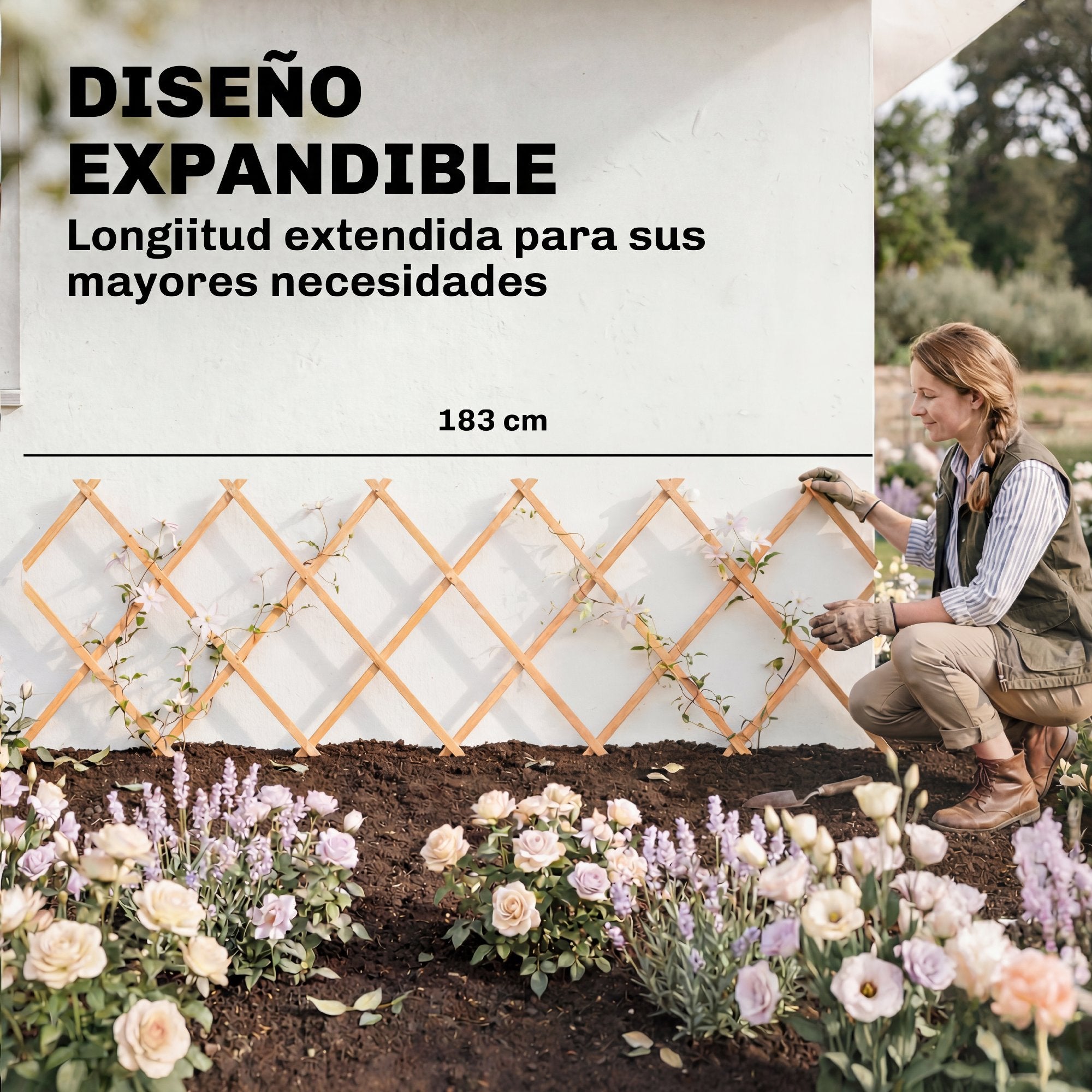 Support extensible bois treillis jardin, plantes grimpantes/roses/vignes, 180x60 cm, brun clair - 6