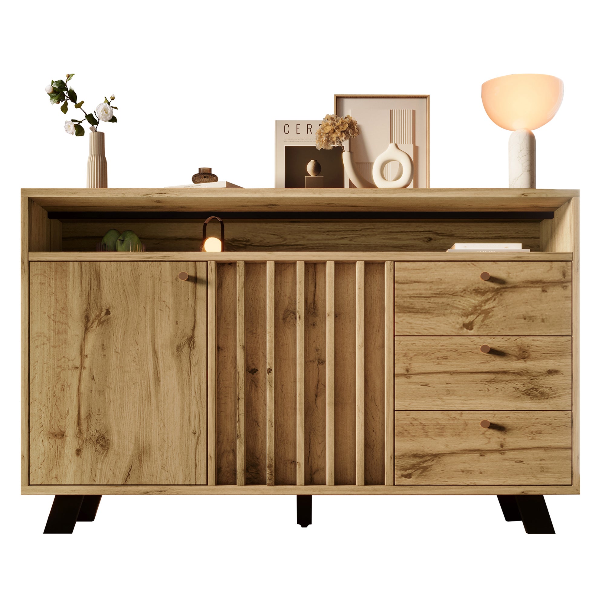 Buffet bas avec 3 tiroirs et 2 portes, commode - 120 x 40 x 85 cm - Panneaux de particules et MDF - Chêne foncé - 8
