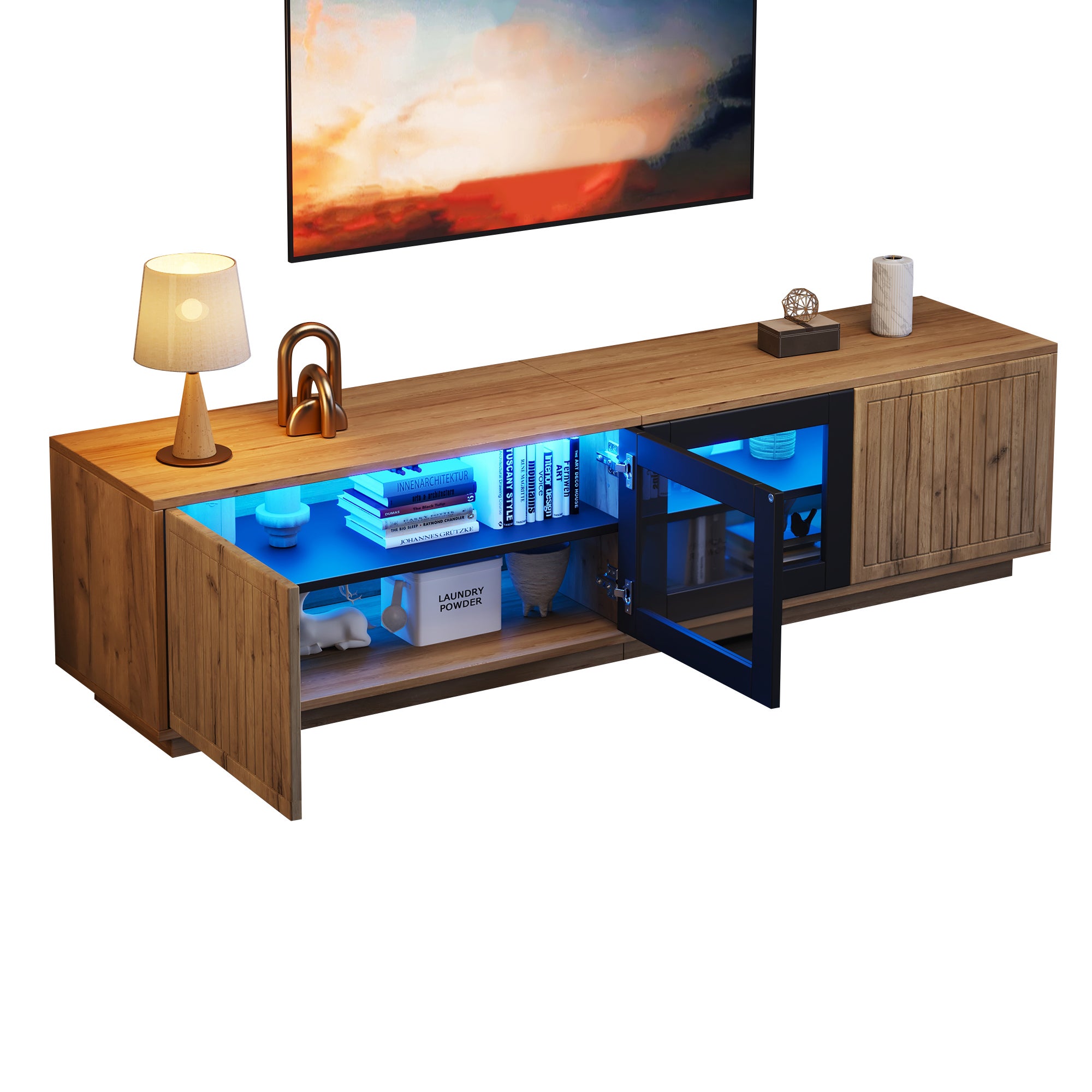 Stolik pod TV 180x40x45 cm - z oświetleniem LED - 4 drzwi - Panel szklany - Płyta wiórowa - Kolor naturalny + czarny - 8