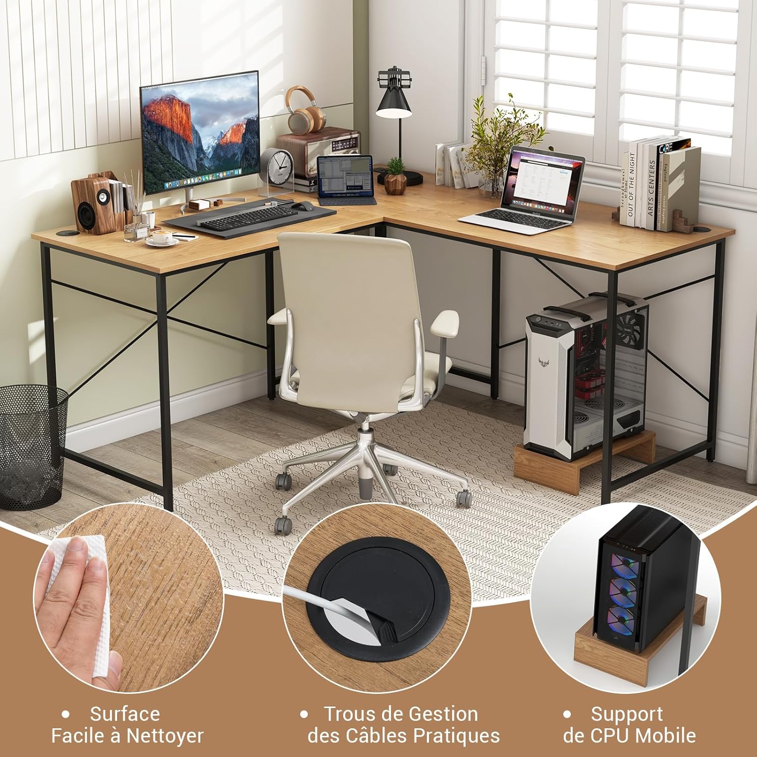 Scrivania Angolare Salvaspazio Reversibile, Scrivania ad Angolo a Forma di L con Presa Integrata, Supporto per Host e Fori per la Gestione dei - 9