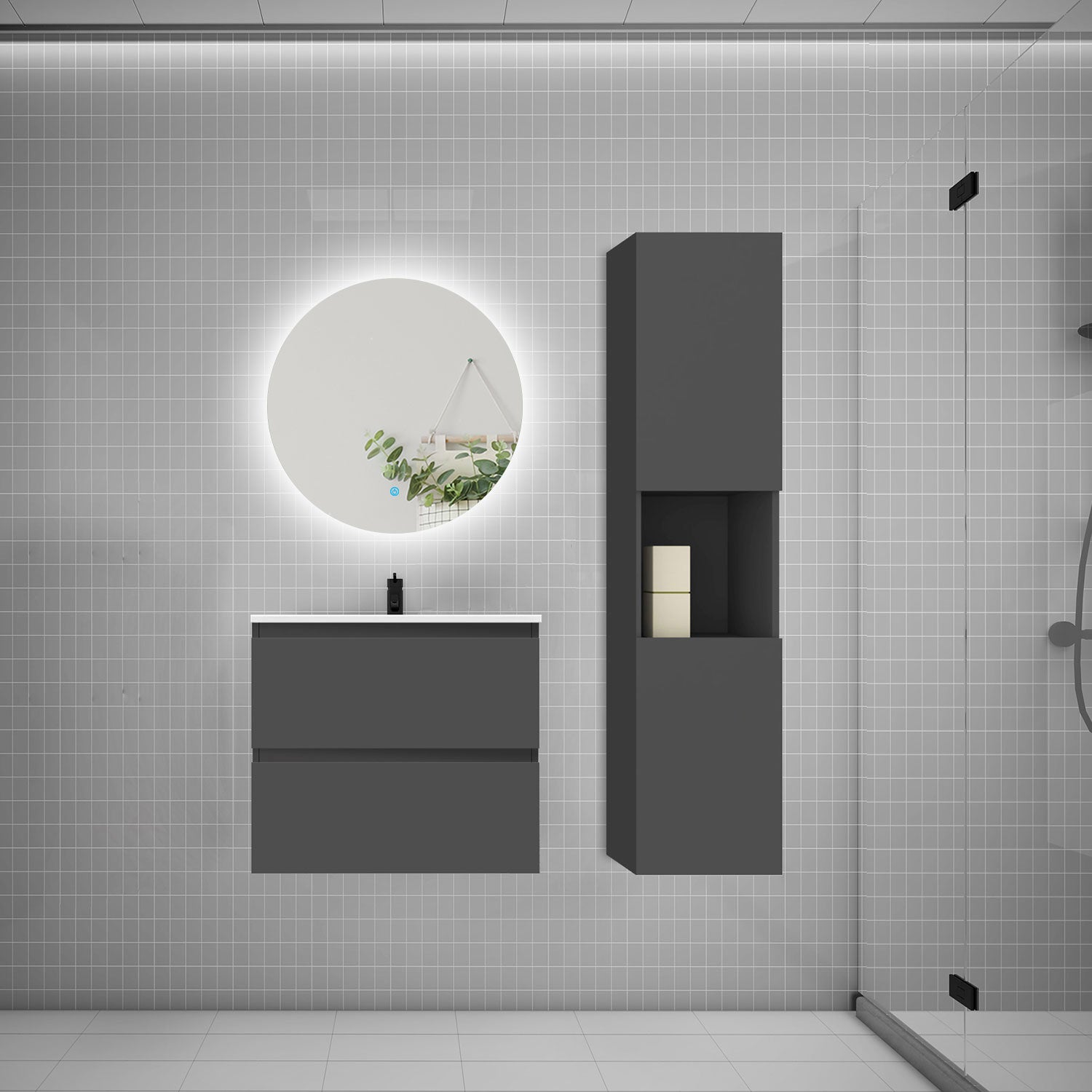 Ensemble meuble Salle de Bain 60cm simple vasque + miroir lumineux 3 couleurs + dimmable anthracite