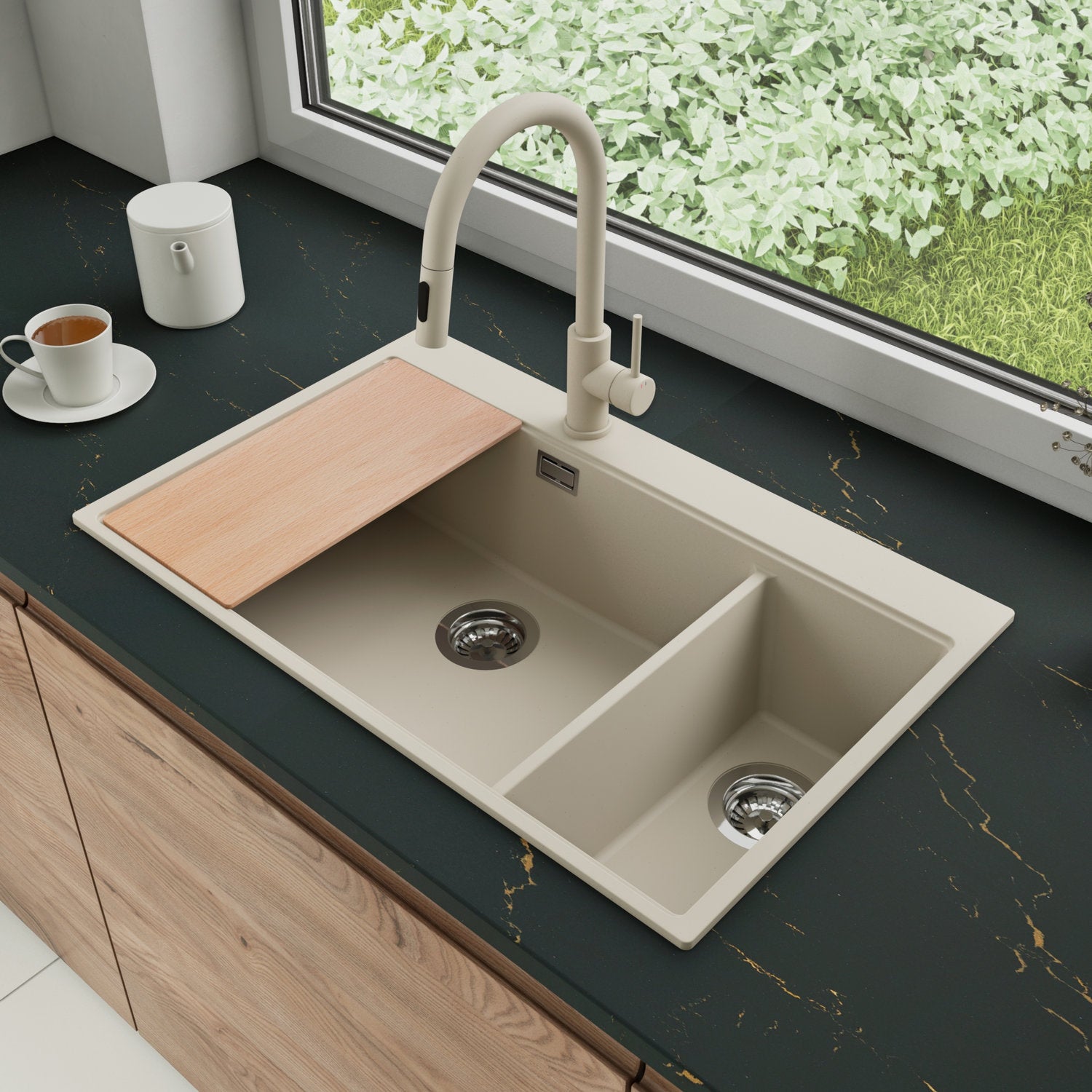 Zlewozmywak Granitowy 78x50cm, do szafki od 80cm + Bateria + Syfon + Deska - Rubin Beżowy STONESTYLE