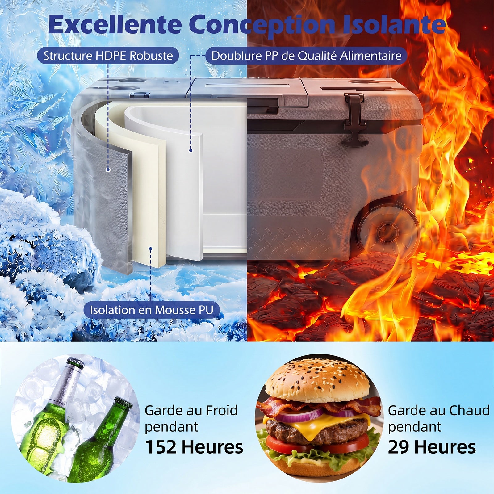Glacière Isotherme Portable 70L, Réfrigérateur Portable à roulettes avec Orifice de Sortie Emplacement du Gobelet, Rétention de Glace de 6 Jours - 7