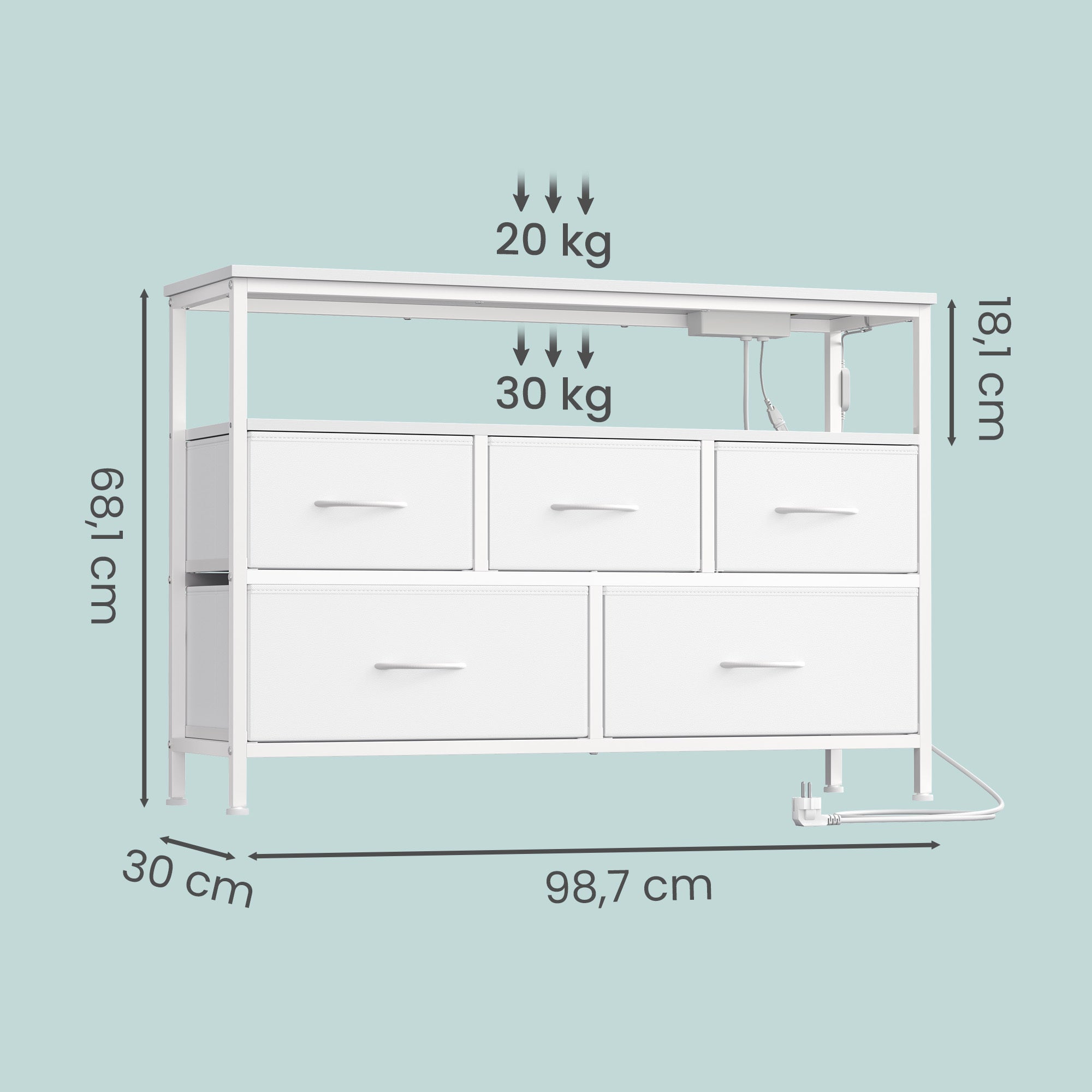 Meuble de Rangement avec LED Réglable et Multiprise, 5 Tiroirs en Tissu, Style Moderne, Chambre, Blanc - 5