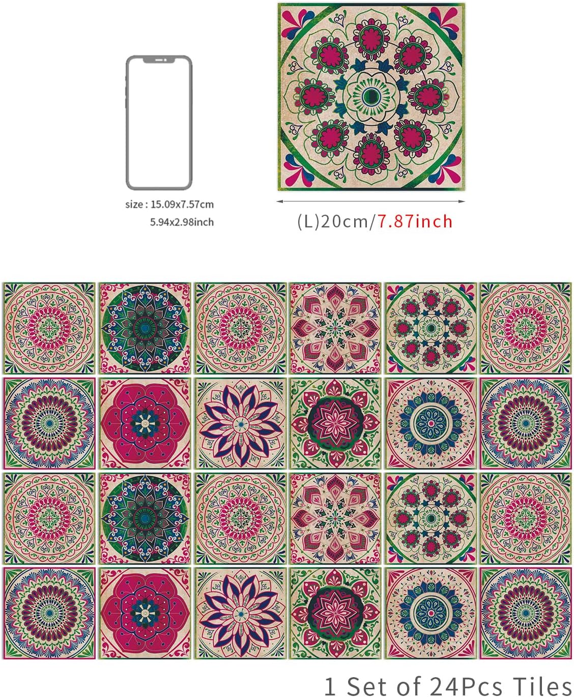 Zestaw 24 wodoodpornych i olejoodpornych naklejek winylowych na płytki kuchenne i łazienkowe (Czerwona Mandala, 20 x 20 cm) - 7