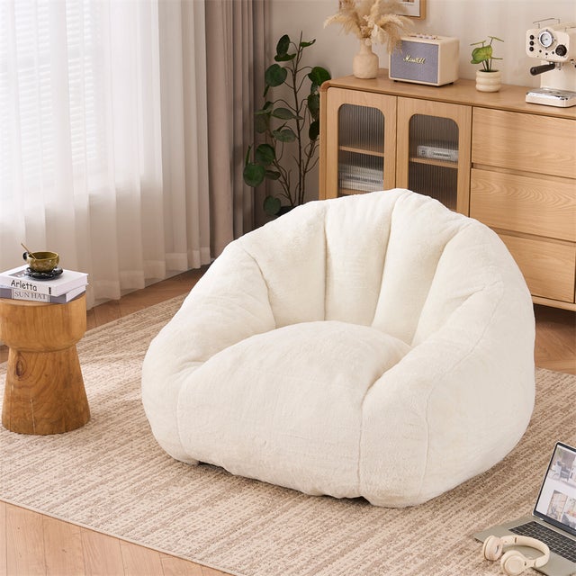 DRIPEX Grand Pouf pour adultes,fauteuil lounge moelleux en fausse fourrure,sans montage,pour salon,chambre,balcon,123*111*75cm,Blanc