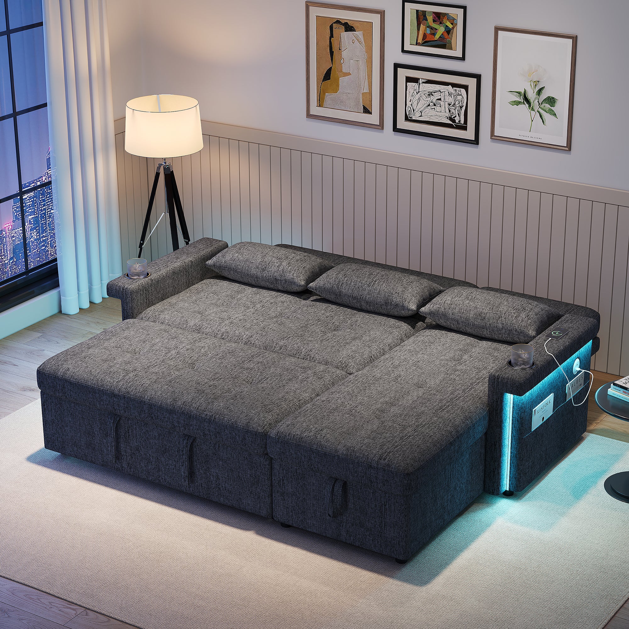 Narożnik 3-osobowy z funkcją spania, regulowanym oparciem i diodami LED - 209 x 141,5 x 90 cm - Tkanina szenilowa - Beżowy - 4
