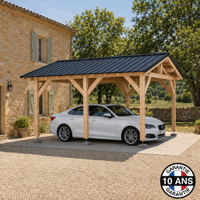 Carport Bois Douglas Français 20 m² – 2 pentes – 6 poteaux – Abri voiture extérieur – Garantie 10 ans