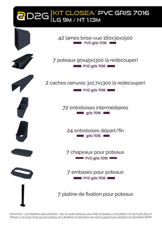 Kit cloture - Lame 16cm - PVC Gris - LG: 9m x H: 1m13 - 4