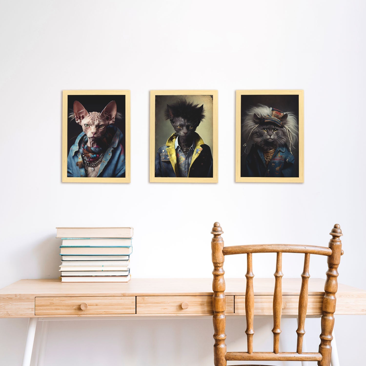 Animal humano nacnico curl lykoi shynx. estampados de arte de pared estético para el diseño de dormitorio o sala de estar marco madera clara a3
