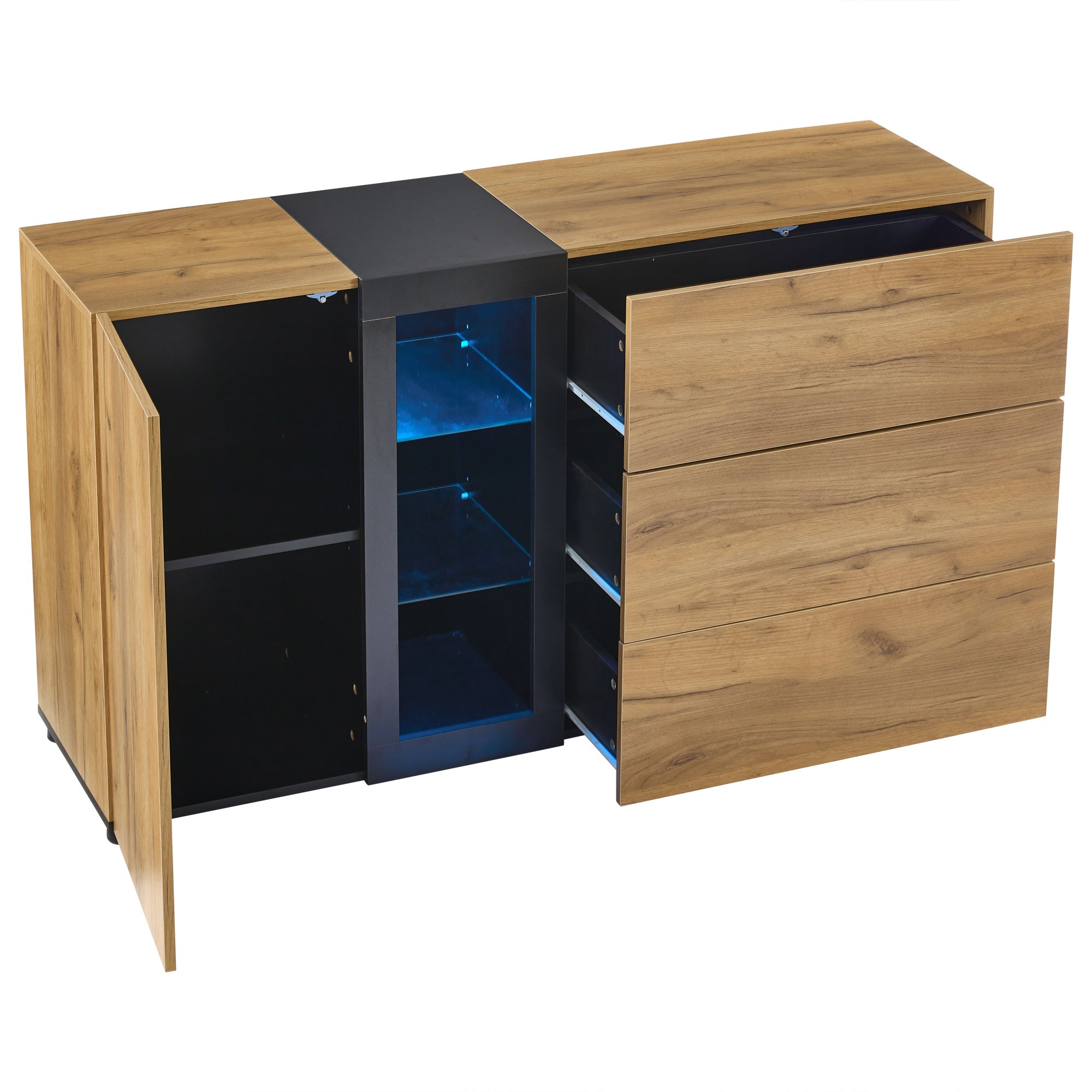 Buffet bas avec 3 tiroirs, commode - 140 x 40 x 80 cm - LEDs - Panneau de particules - Marron + Noir - 6
