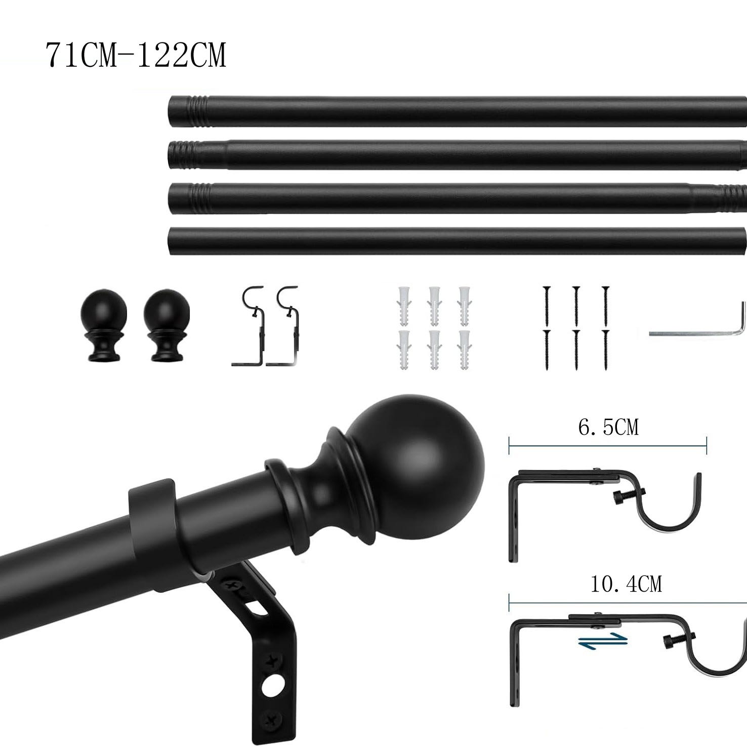 Tringle à Rideaux Extensible Blanche 64 à 181 Cm - Avec 2 Supports Réglables Et Embouts Cylindriques Pour Salon, Chambre Ou Cuisine