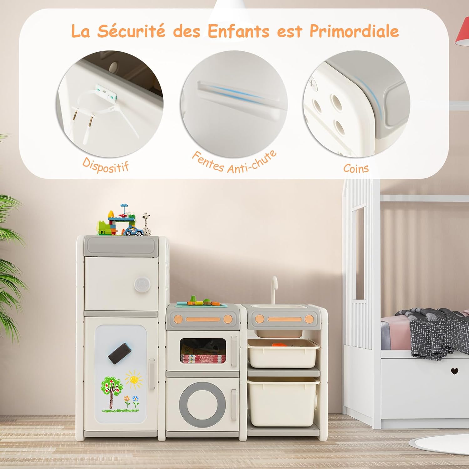 Mobile Porta Giochi per Bambini, Scaffale e Libreria Giochi Multiuso con Lavagna Magnetica Lavello e Rubinetto Rimovibili, Ante e Contenitori, - 5