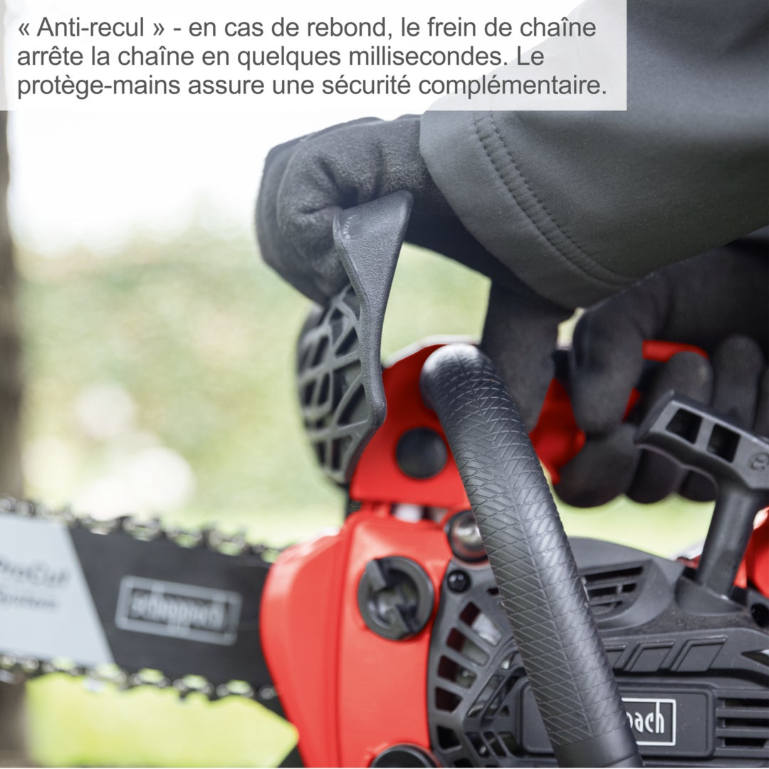 Scheppach Tronçonneuse thermique PCS26 - 25,4 cm³ - moteur 2 temps - longueur 25 cm - Øde coupe max 20 cm - vitesse de coupe 21 m/s - réservoir 0,23L - 6
