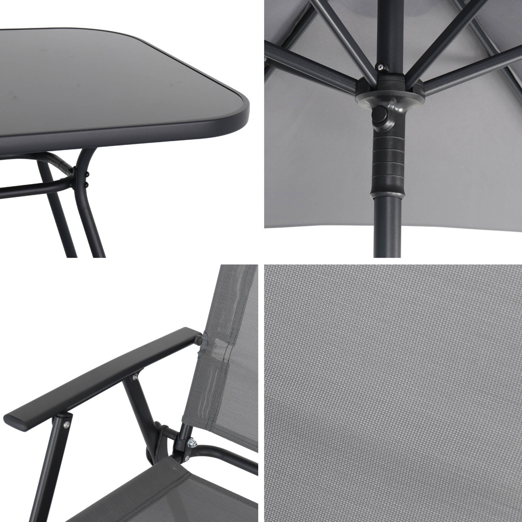 Conjunto mesa de jardín de acero con 6 sillas y 1 sombrilla Gris - 140x80x71.5 cm - 7