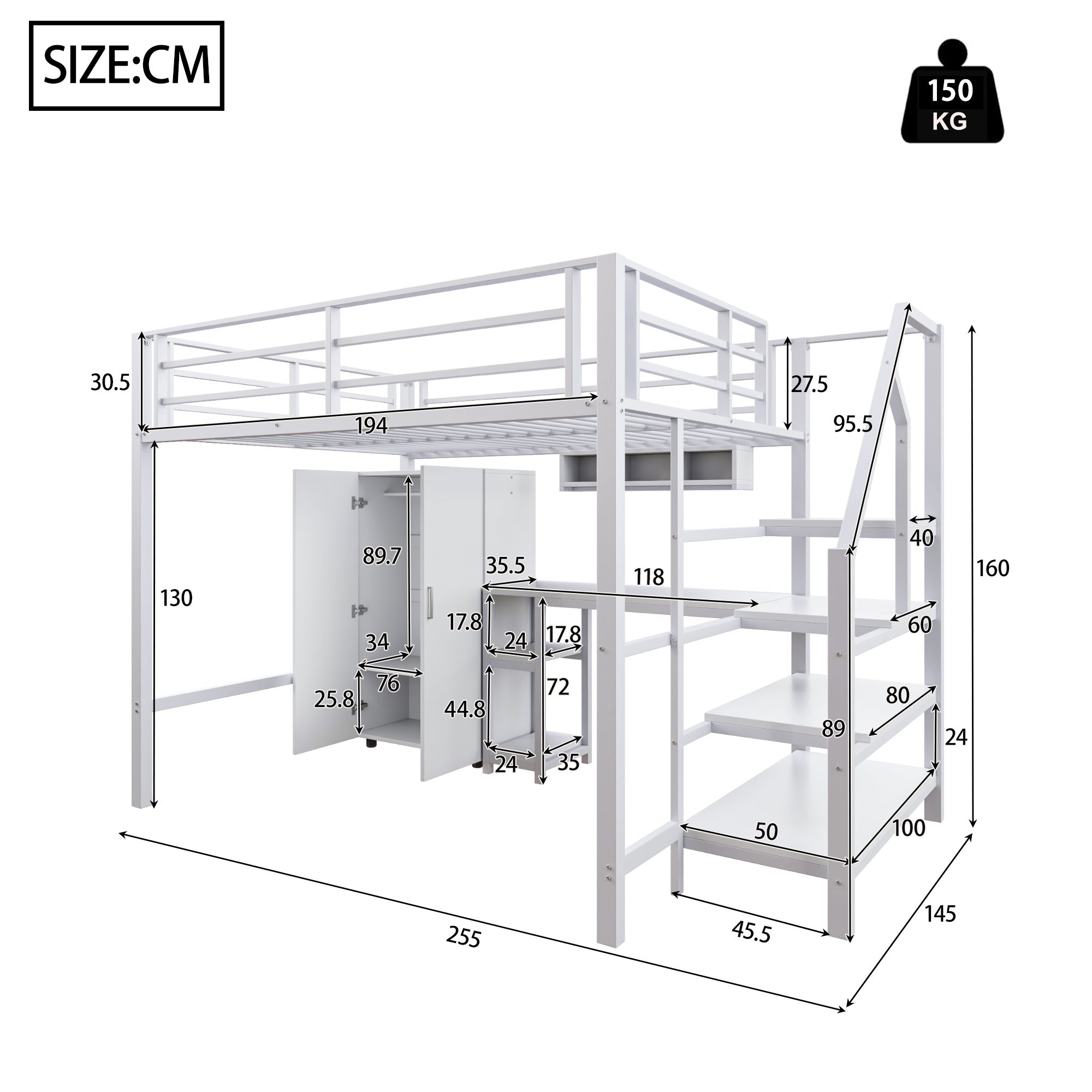 Letto a castello, 140 x 200 cm, armadio, ripiani, scala portaoggetti, scrivania, senza materasso, bianco - 7