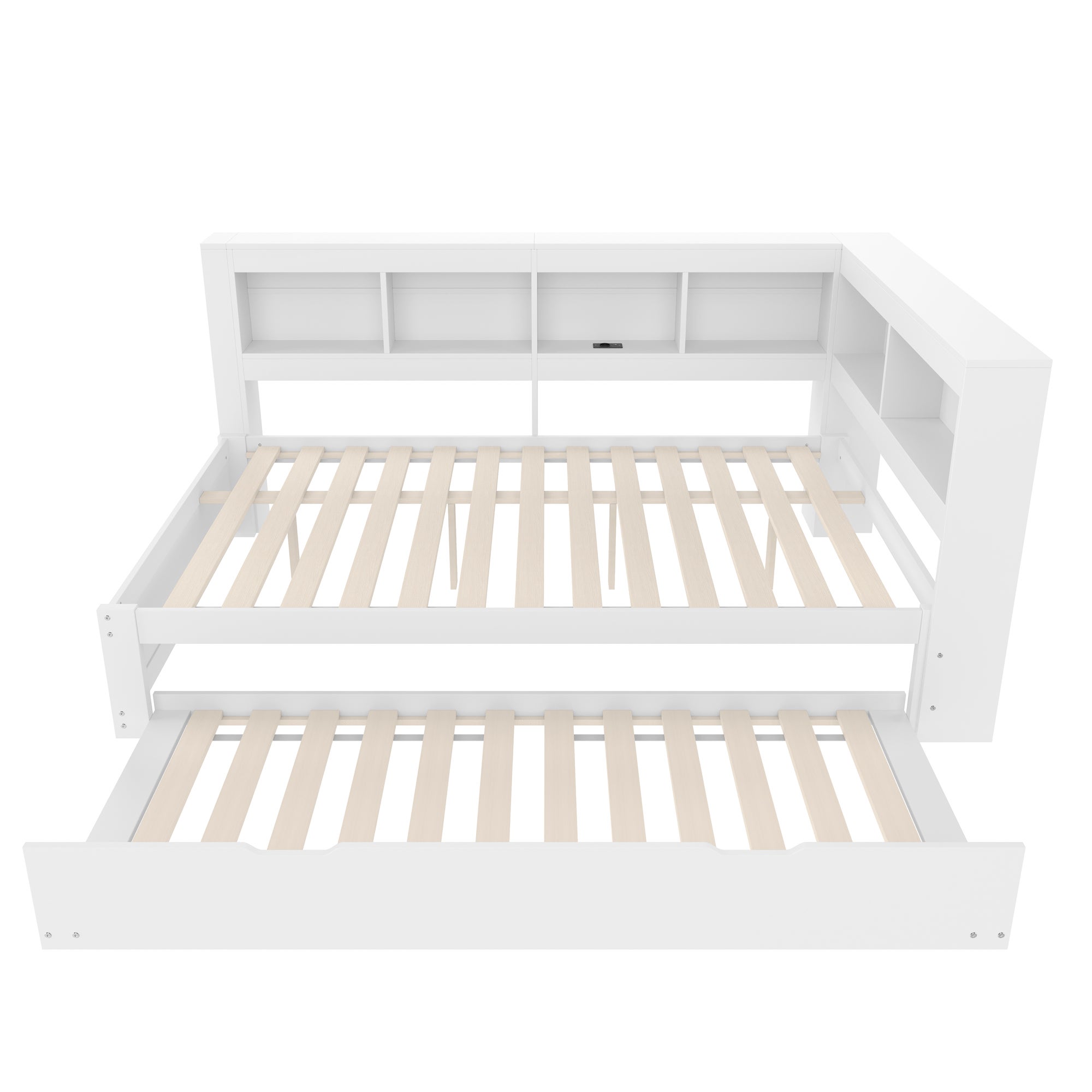 letto contenitore 140x200 cm, 2 cassetti, presa e 2 USB, MDF e pino, Bianco, senza materasso - 8