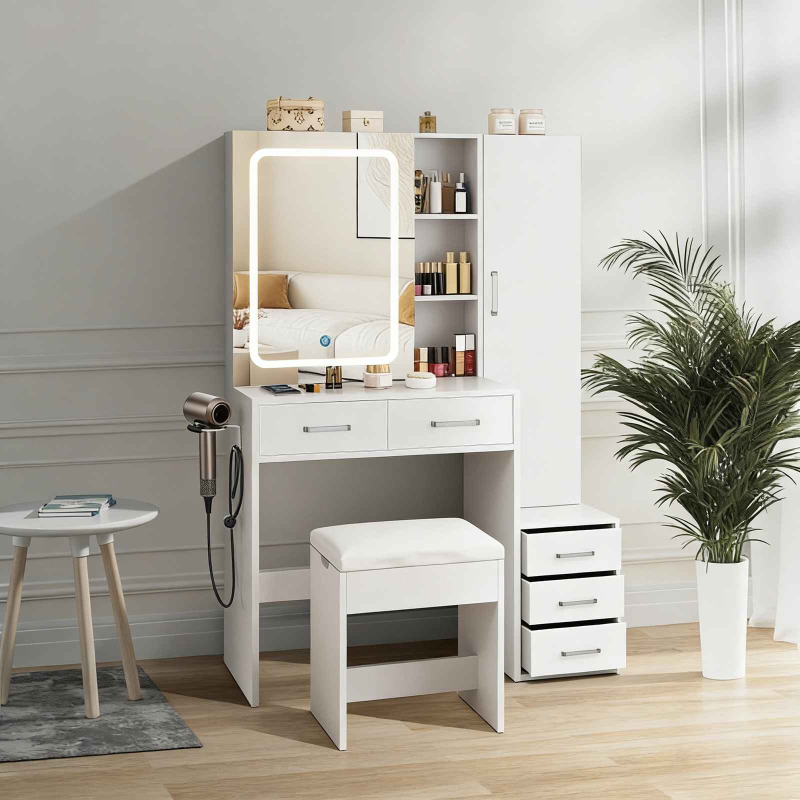 Coiffeuse multifonction avec miroir LED coulissant, rangement bijoux intégré, 5 tiroirs et tabouret rembourré - 2
