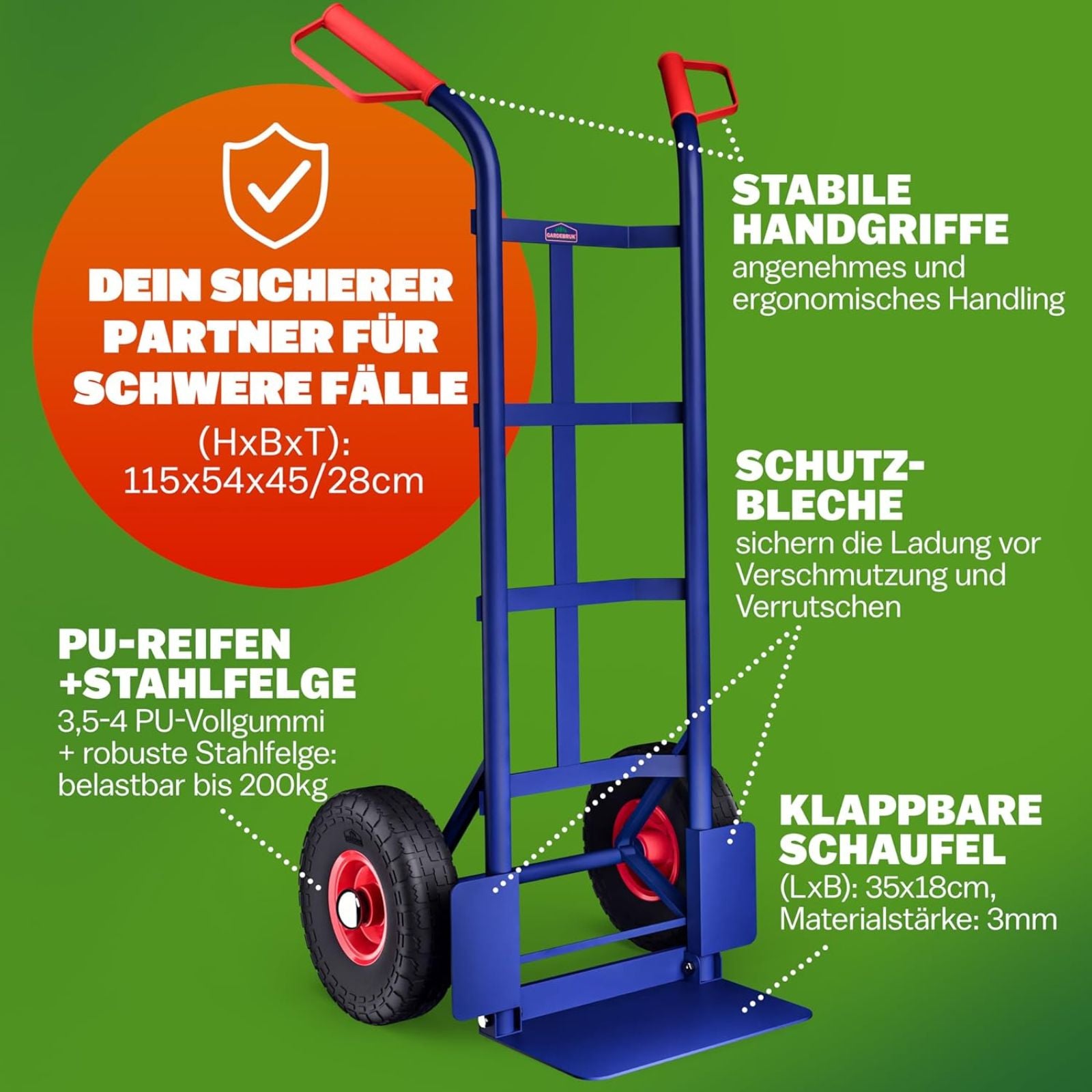 DASCK - Carretilha Dobrável com Rodas Pneumáticas, Plataforma Reforçada, Carga Máxima 200 kg, Azul, Pegas Ergonômicas - 2