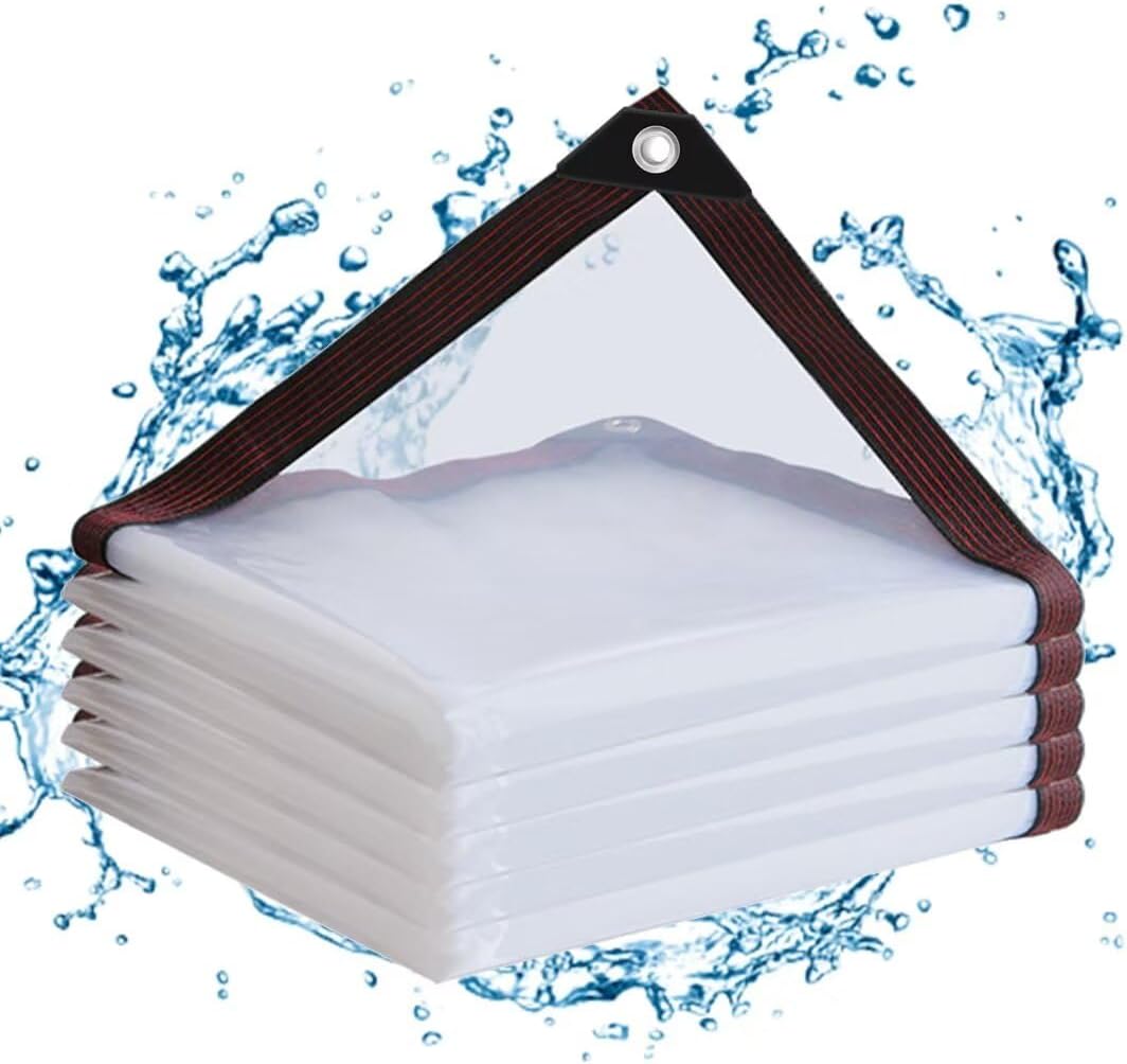 Przezroczysta plandeka z oczkami 2 x 2 m, wytrzymała, wodoodporna plandeka, przezroczysta plandeka poliwinylowa do użytku na zewnątrz, w ogrodzie, na