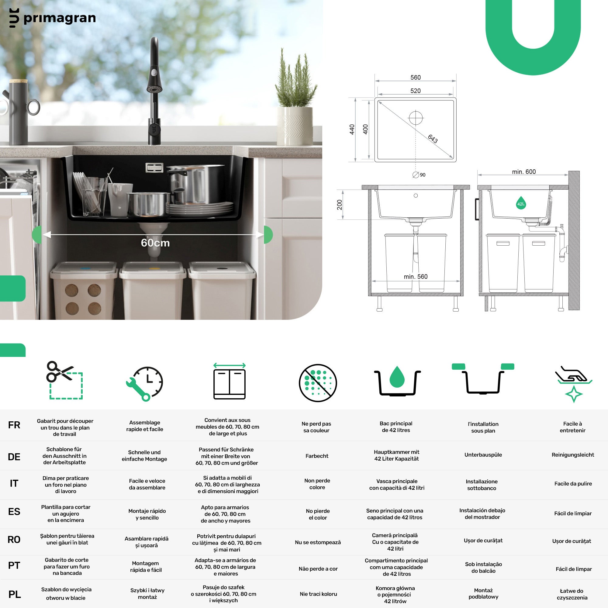 Lavandino sottotop Bianco 56x44cm, Lavello in Granito a 1 vasca + Sifone Classico + Accessori, Lavabo da Cucina al mobile 60cm PRIMAGRAN - 6