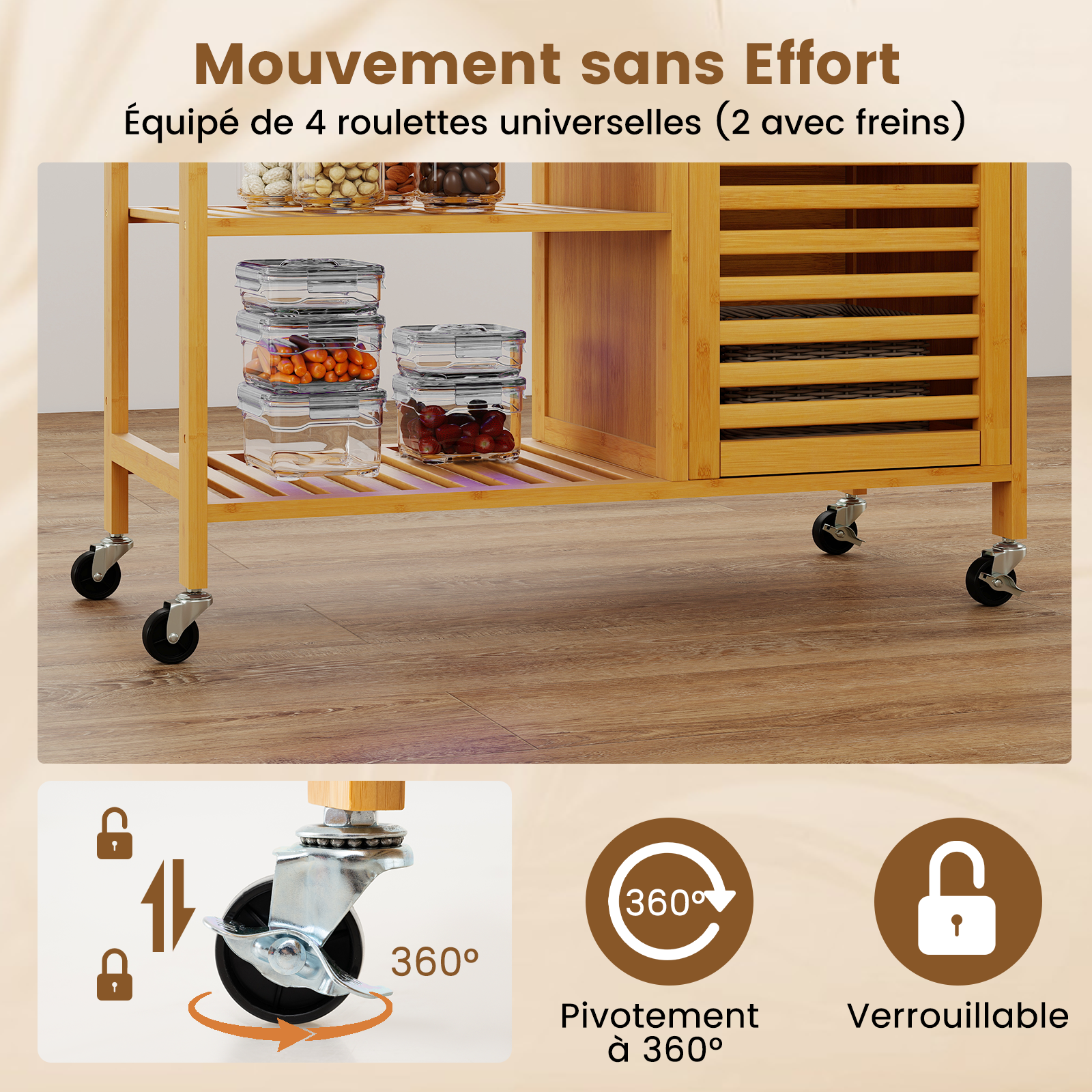 Desserte de Cuisine Roulant en Bambou avec Tiroir, 3 Étagères Ouvertes, 1 Armoire à Porte, Porte-serviettes, Roulettes Verrouillables, 91 x 44 x 89 cm - 6