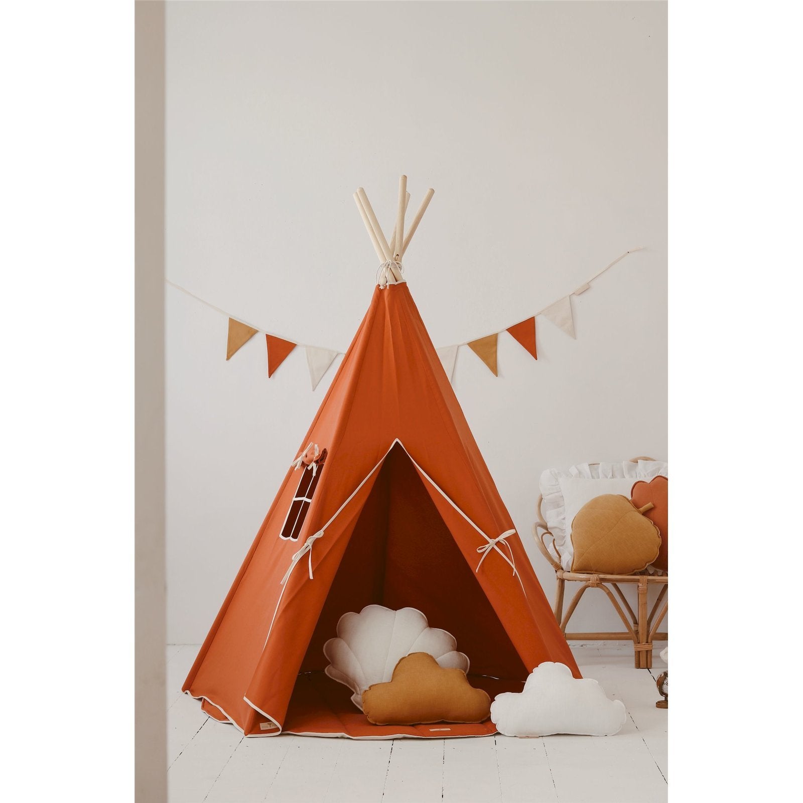 Tente Tipi Enfant – Motif étoilé – Avec Rideau Et Lucarne – 80x80x109 Cm – Coton Et Lin – Pompons – Pour Intérieur