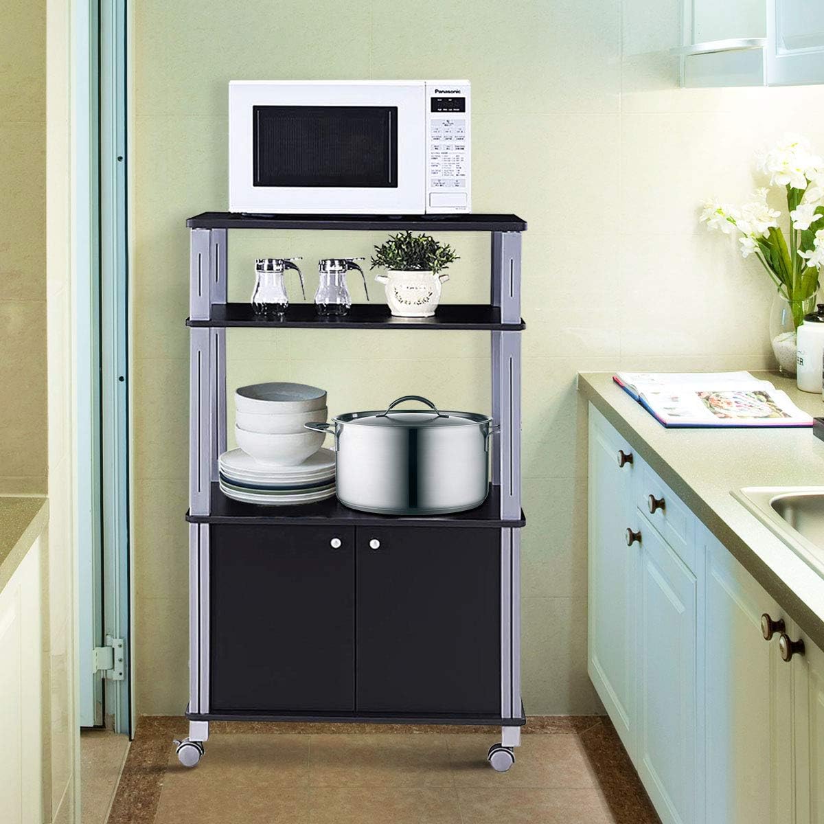 Etagere de Cuisine, Etagere de Micro-Ondes et Four en MDF Robuste, Meuble Rangement a roulettes avec Tiroir et 2 Etageres Ouvertes (Noir) - 8