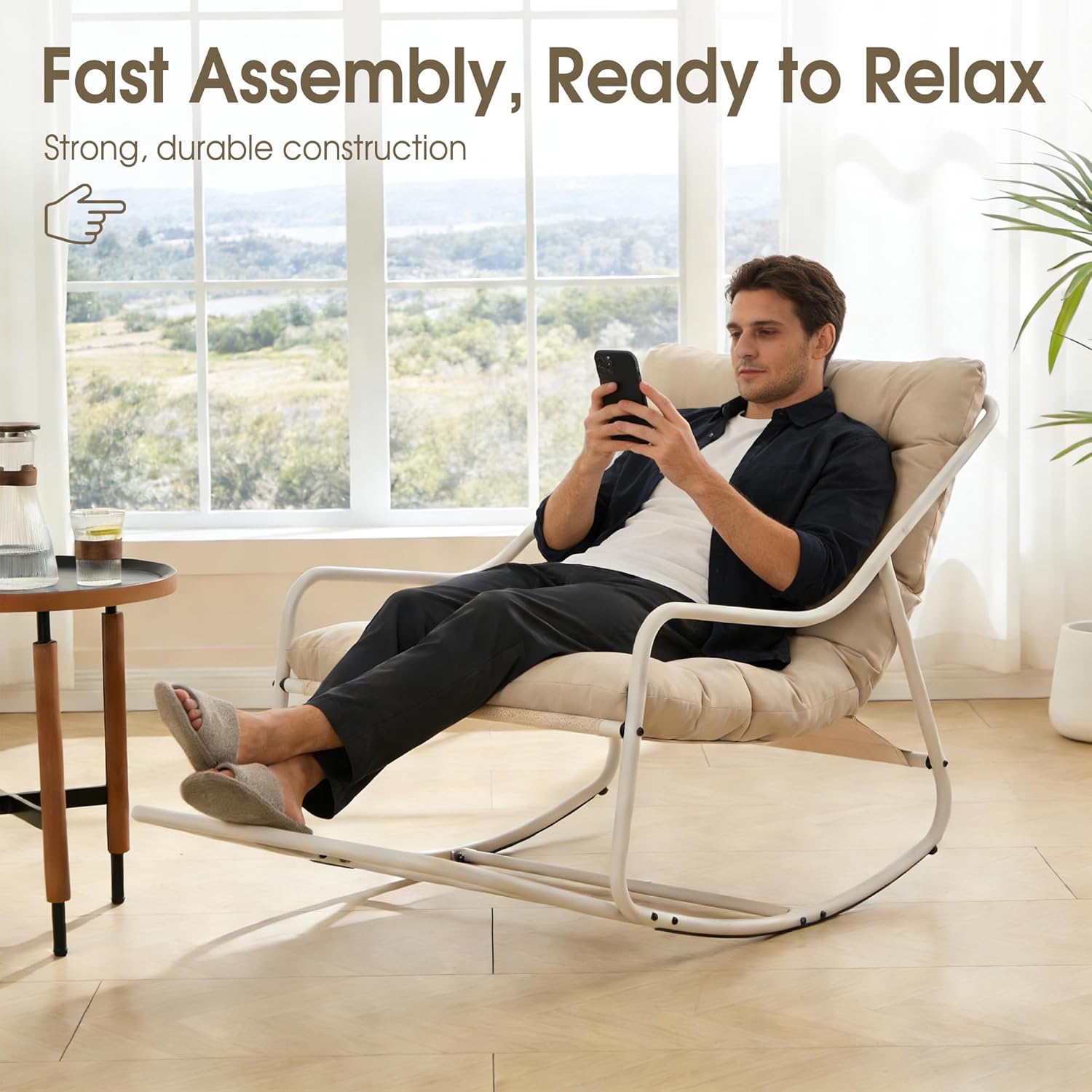Rocking Chair Relax à Bascule avec Repose-Pieds, Coussin coton Doux, Structure Acier Durable, Parfait pour Salon, Chambre ou Terrasse - 7