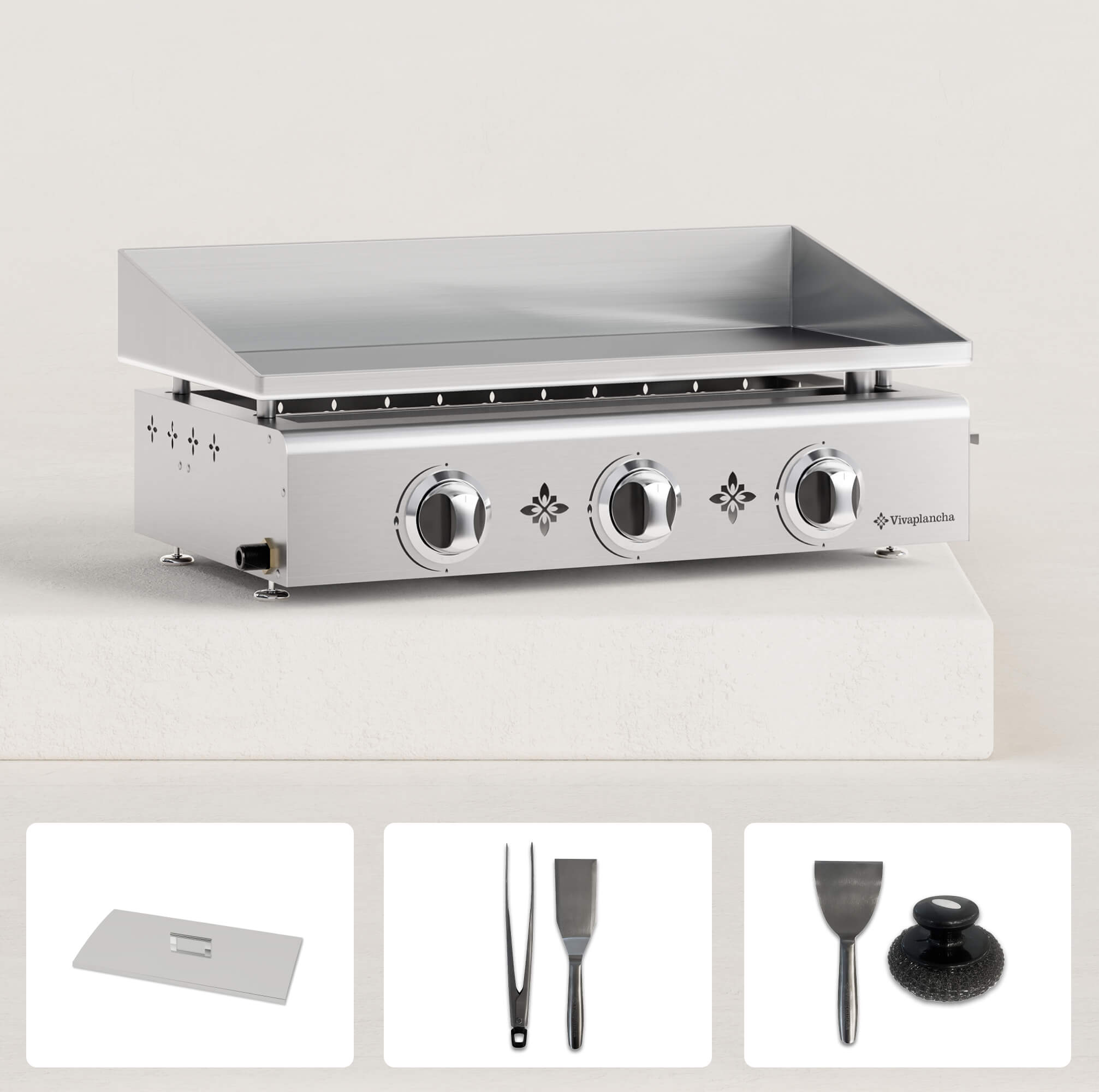 Pack Plancha gaz inox PIMIENTOS 3 brûleurs + Couvercle + Accessoires ...