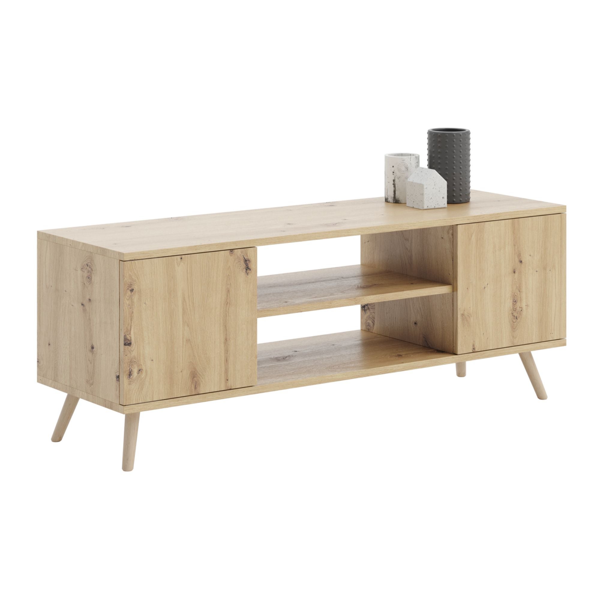 Szafka RTV 135 cm w kolorze dębu rzemieślniczego – Styl skandynawski, środkowa półka, szafki z zamkiem i drewniane nóżki, 135x50x40 cm