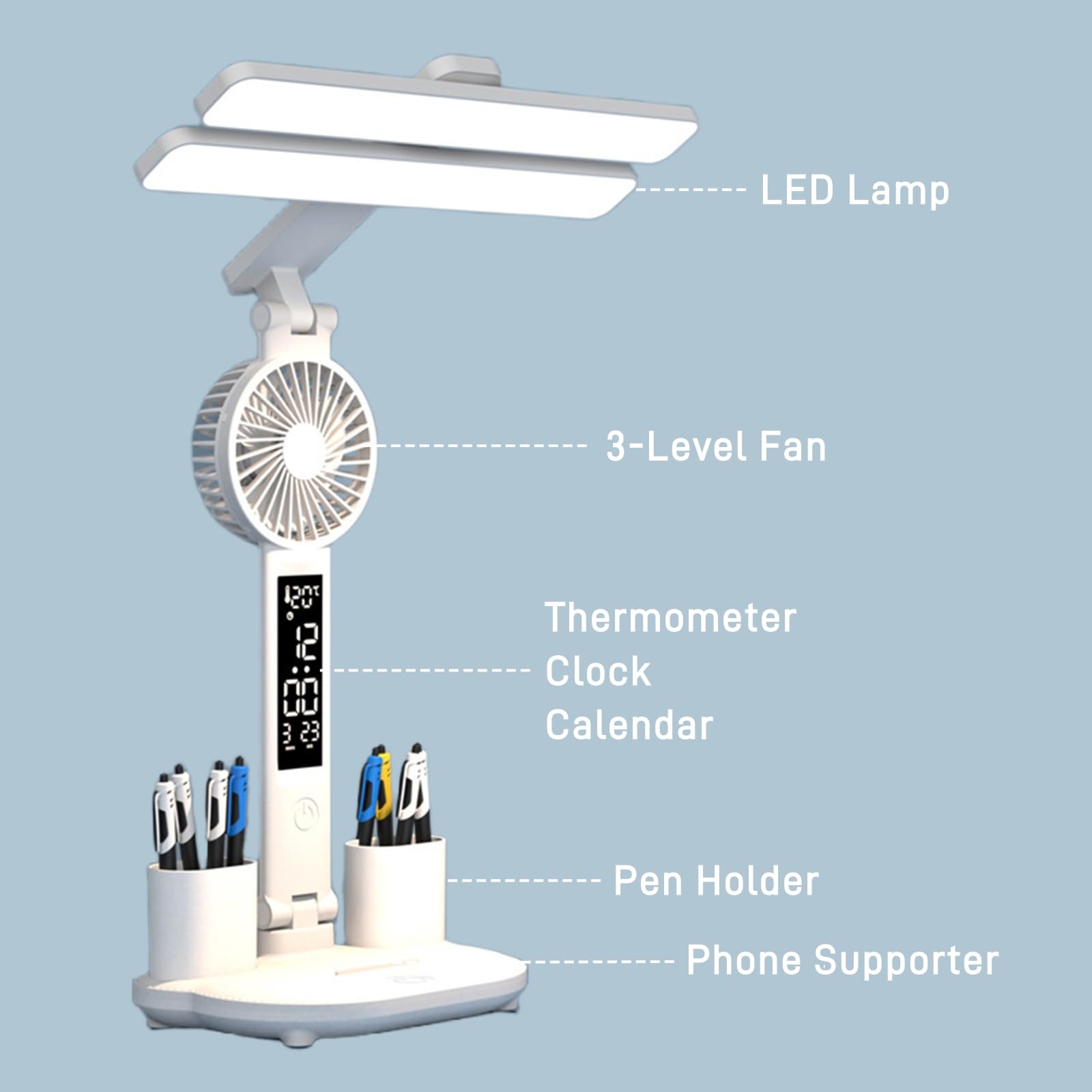 Lampe de table rechargeable pour le bureau, lampe de lecture, lampe de table LED à double lampe avec ventilateur et horloge - 7