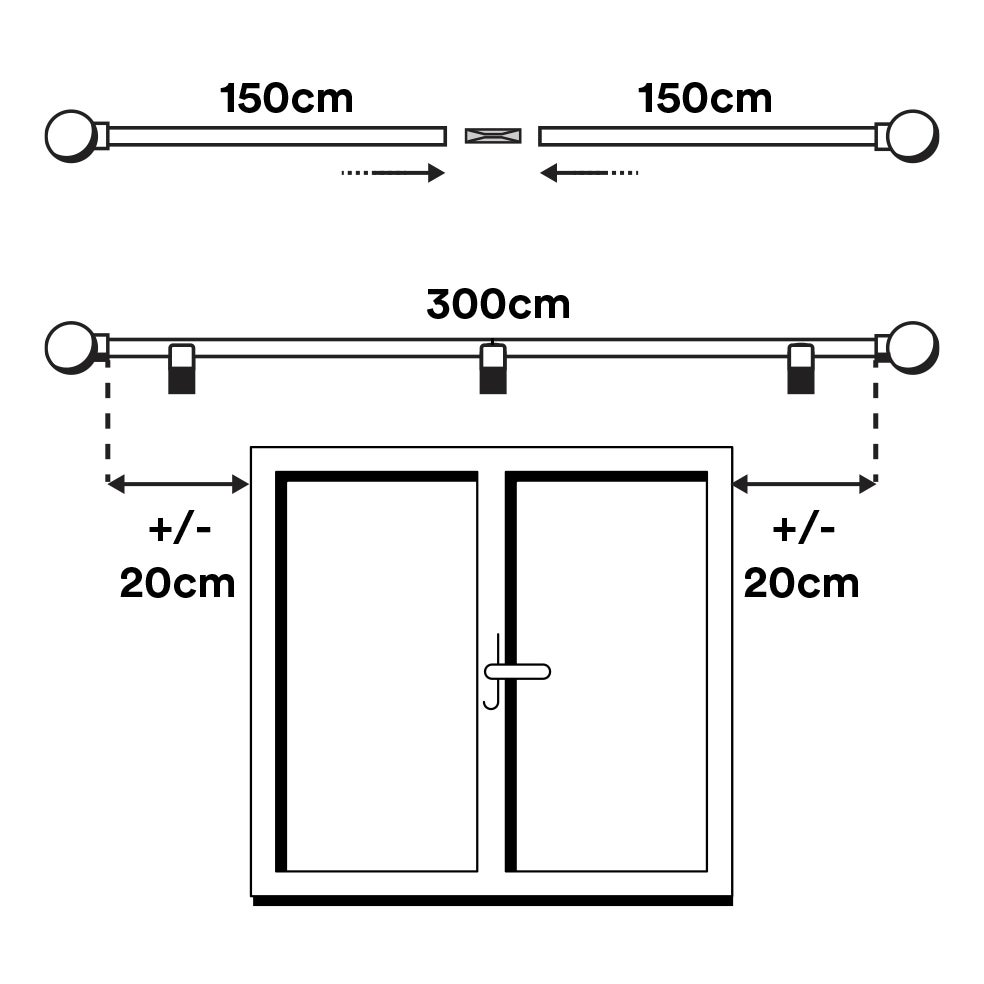 Set barra de metal de cortina con Diámetro 22mm, Kit barra de cortina a Techo, Barra Negra de 3m con terminal TAPON - 6