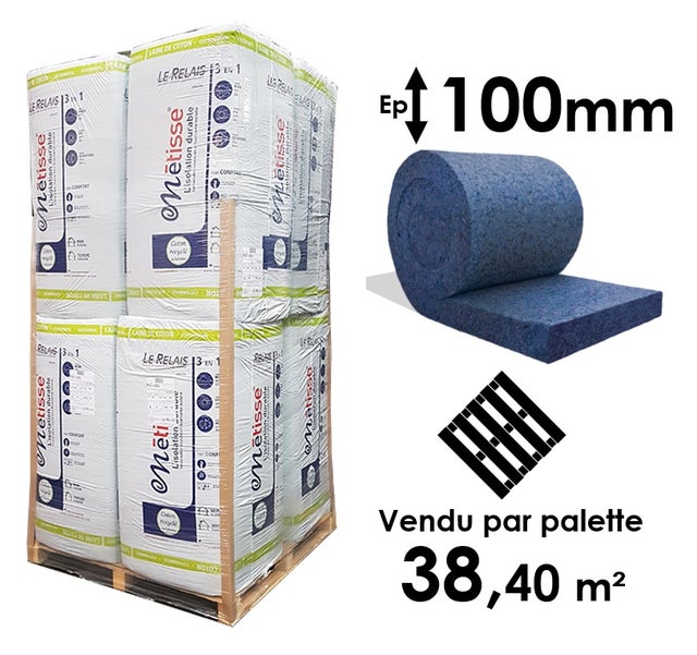 LAINE DE COTON METISSE EN ROULEAU - EPAISSEUR 100MM (R=2,55) - PALETTE ENTIÈRE 38,40M²