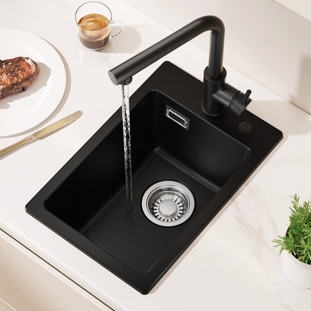 Cecipa max Evier Cuisine en Granit Noir 30 x 45 cm, Evier 1 Bac en Quartz, Evier à Encastrer, Evier a poser