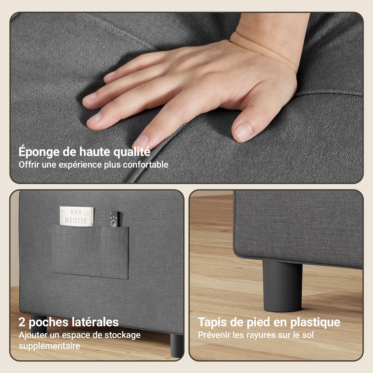 Canape Convertible Bealife Canapé Lit 1 Place Fauteuil Chaise Longue Coussin Réglable Rangement Roues Pliante - 5