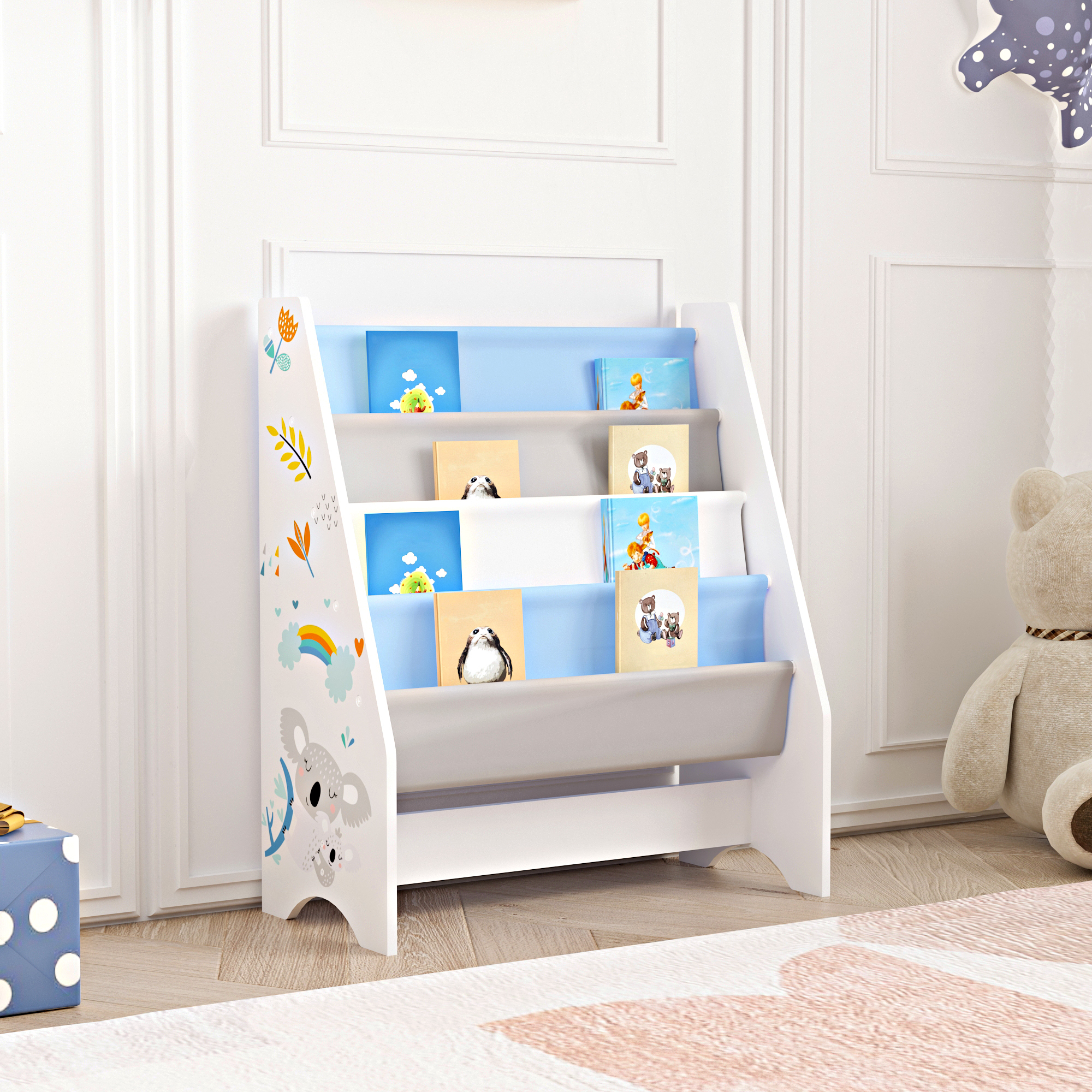 Libreria A Scaletta Per Bambini Con 4 Contenitori Morbidi - Design Koala Blu/Bianco, Organizzazione Cameretta - Foto 8