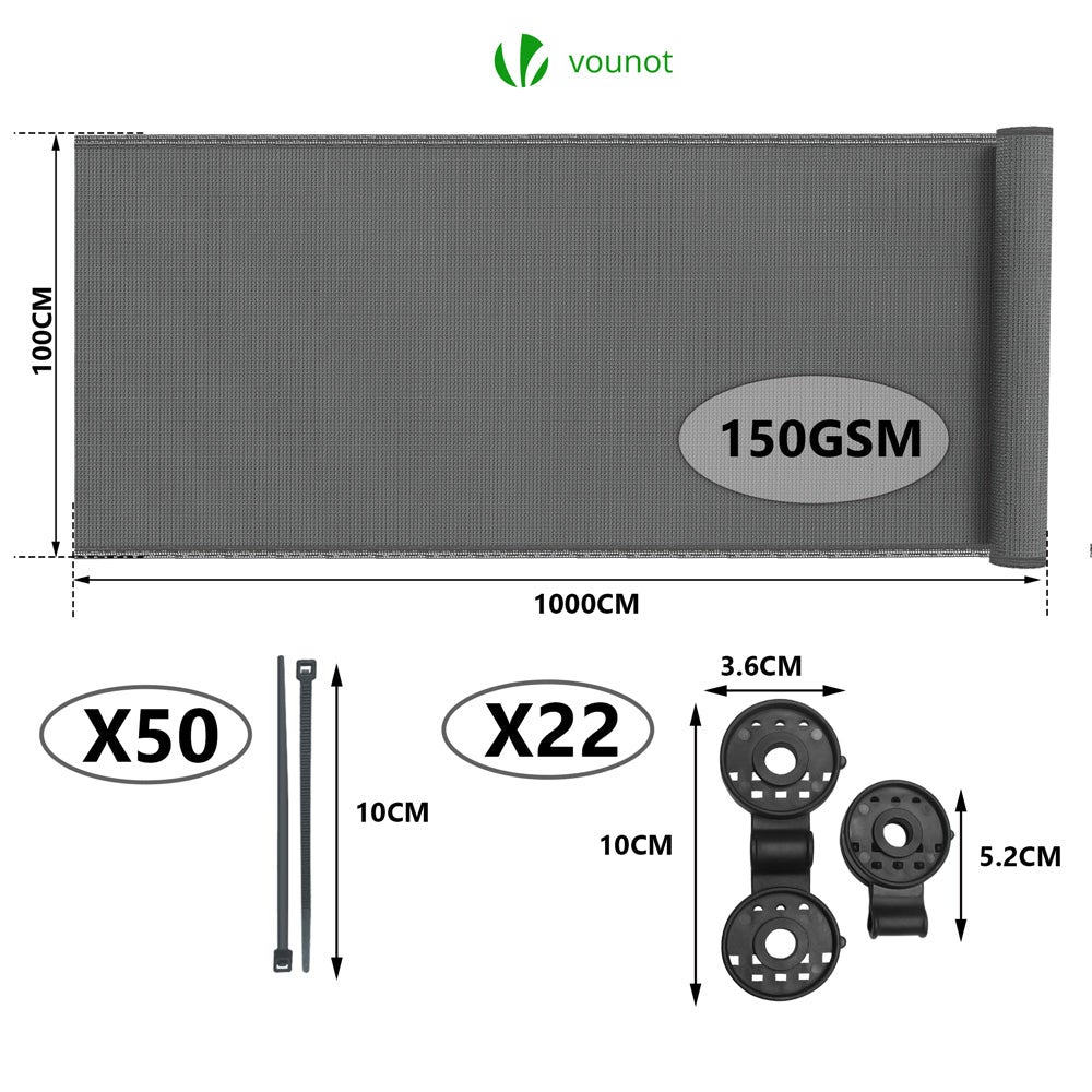 Brise vue occultant en HDPE 150g/m² 1x10m avec attaches de fixation gris VOUNOT® - 2