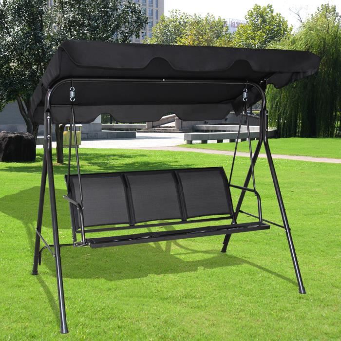 Dondolo da Giardino a 3 Posti, con Tettuccio Parasole Regolabile, Sedia a Dondolo da Giardino con Telaio in Acciaio, 173 x 119 x 152 cm (Nero) - 2