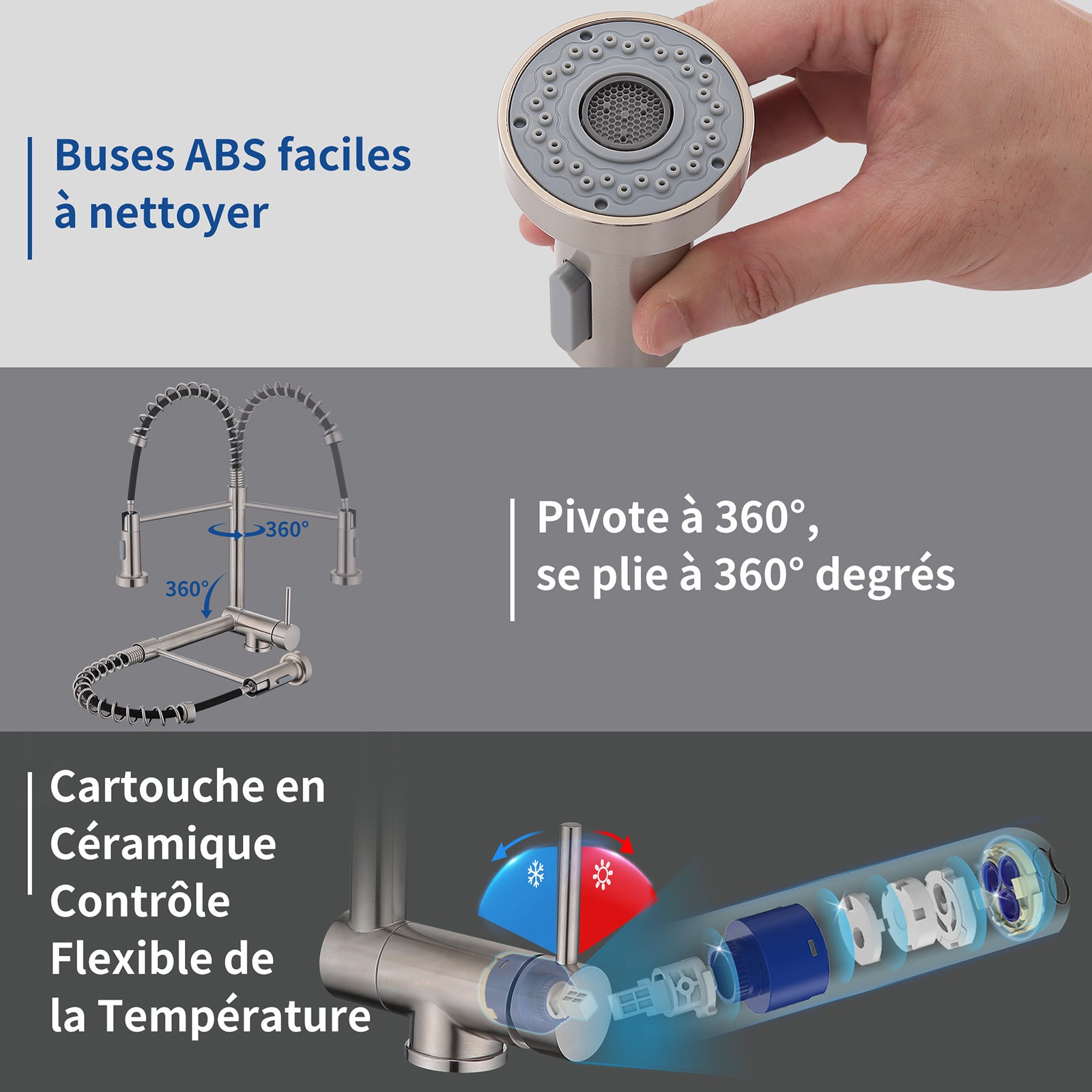 Mitigeur de Cuisine brossé pliable à ressort avec douchette 2 Jets, Robinet Cuisine d'Evier Rabattable Rotatif à 360° en Inox 304 - 6