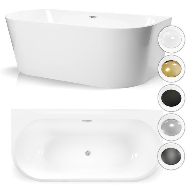 Wanna wolnostojąca przyścienna 180 x 80 cm biała system przelewowy Doris SZEROKI RANT RÓŻNE KORKI