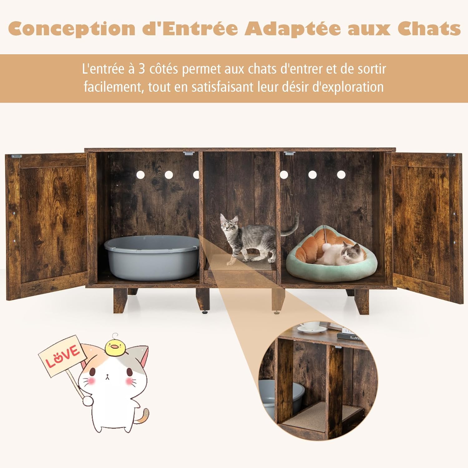 Caixa de Areia para Gatos 3 em 1 com 2 Portas, Pernas Removíveis e Arranhador Removível, Estilo Industrial - 4