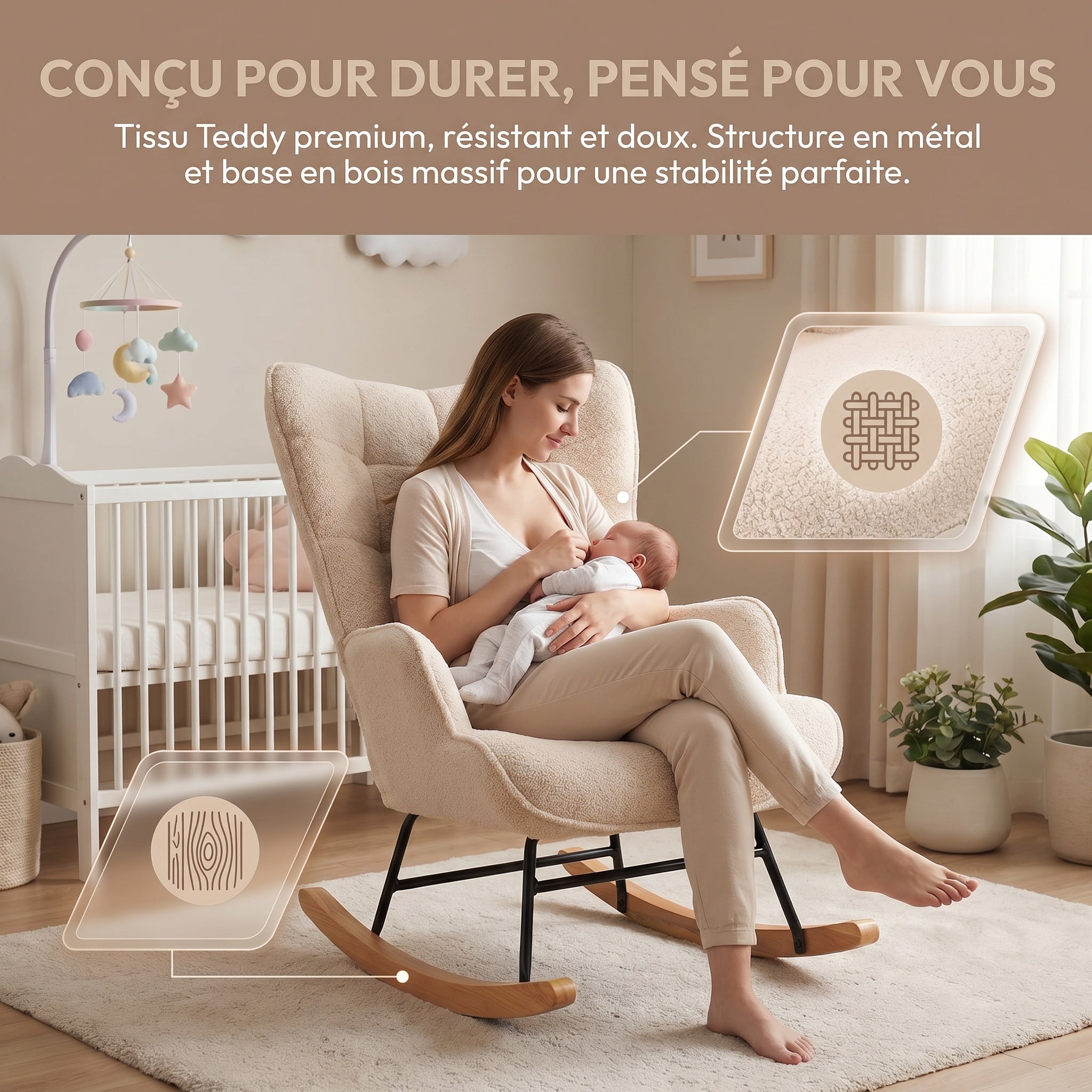 Fauteuil à Bascule, Rocking Chair d'Allaitement - Structure en métal et pieds bois massif, Maximale : 150 kg, Tissu Peluche Teddy, Beige, 75x68x92 cm - 5