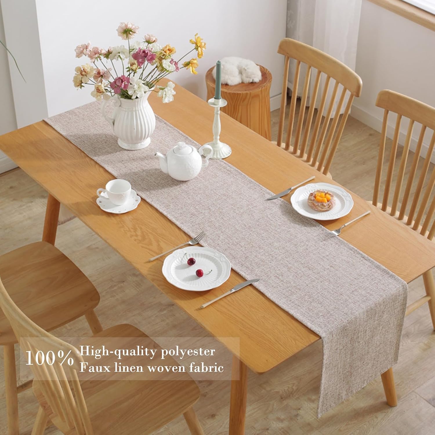 Camino de mesa rústico bohemio de lino tejido para comedor o mesa de centro, 33 x 122 cm, beige - 3
