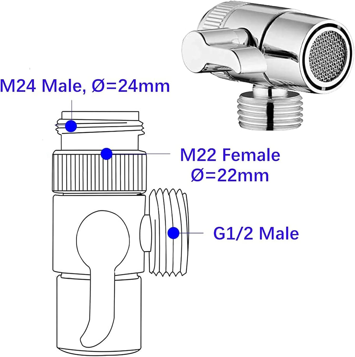 Zawór przełączający 3-drożny do kranu G1/2 i adaptera kranu M22 x M24 - Zawór przełączający głowicę prysznicową G1/2 i adapter - 2