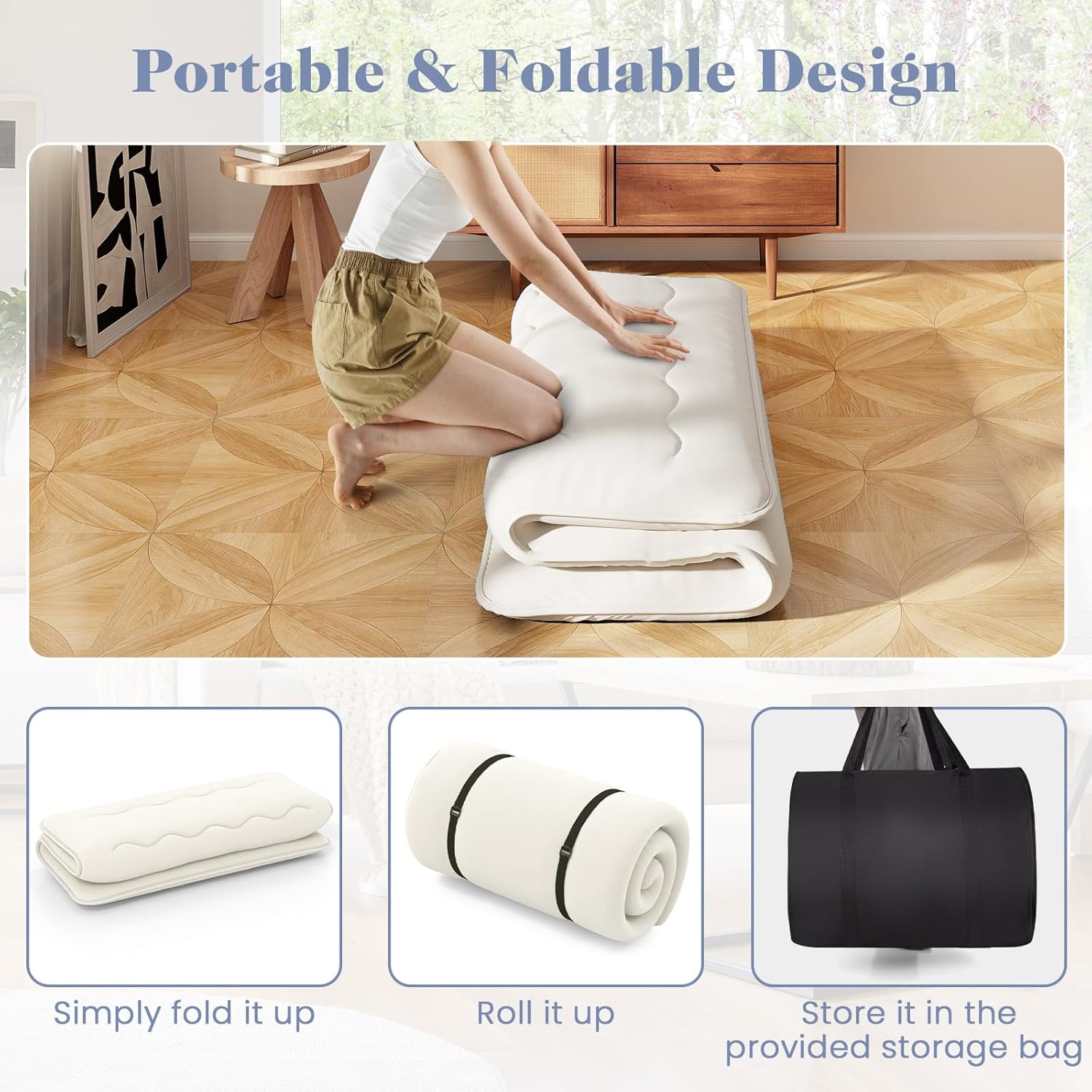 Matelas Futon Portable Pliable, Matelas Futon Japonais 140 x 200 cm, Housse Lavable,d'Invités (Beige) - 4