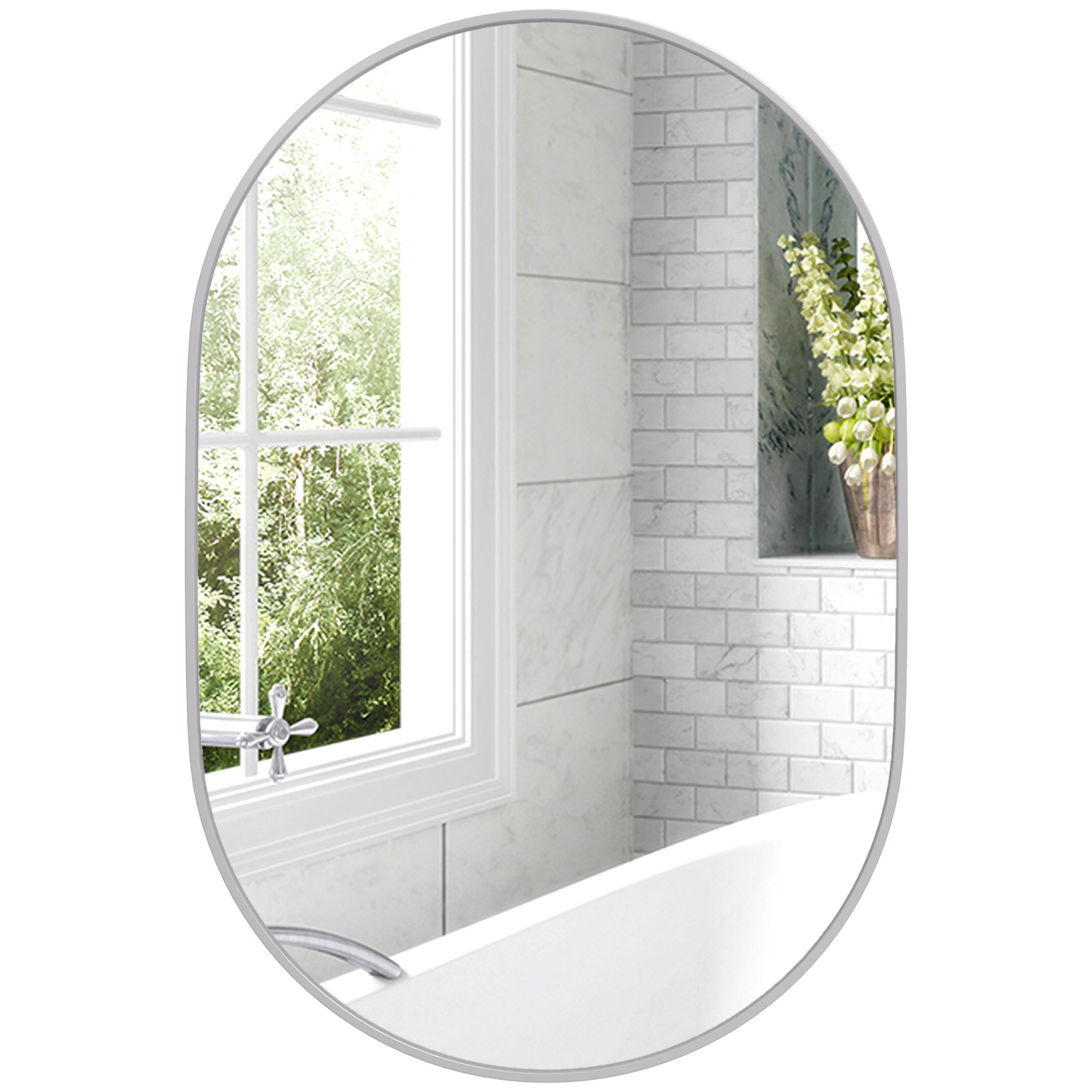 Espejo de baño ovalado de pared con marco de aluminio, vertical u horizontal, 60x90 cm, plateado.