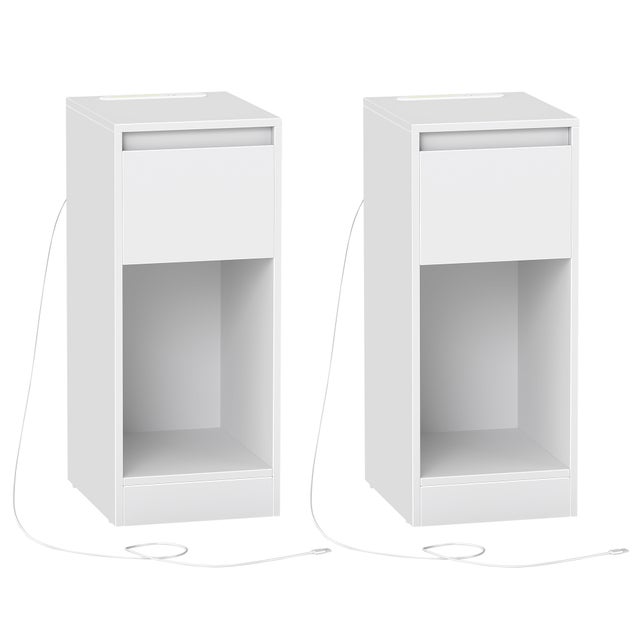 Set di 2 Comodini Stretti con Illuminazione LED, 1 Porta USB-A, 1 Porta USB-C, Cassetto, Bianco Nuvola