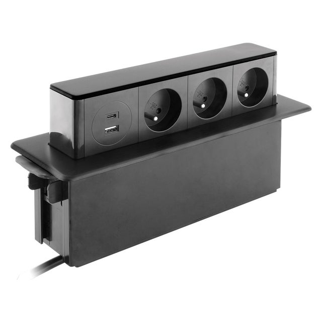 Bloc multiprise encastrable 3x16A 2P+T + 2 ports USB - Noir - Otio