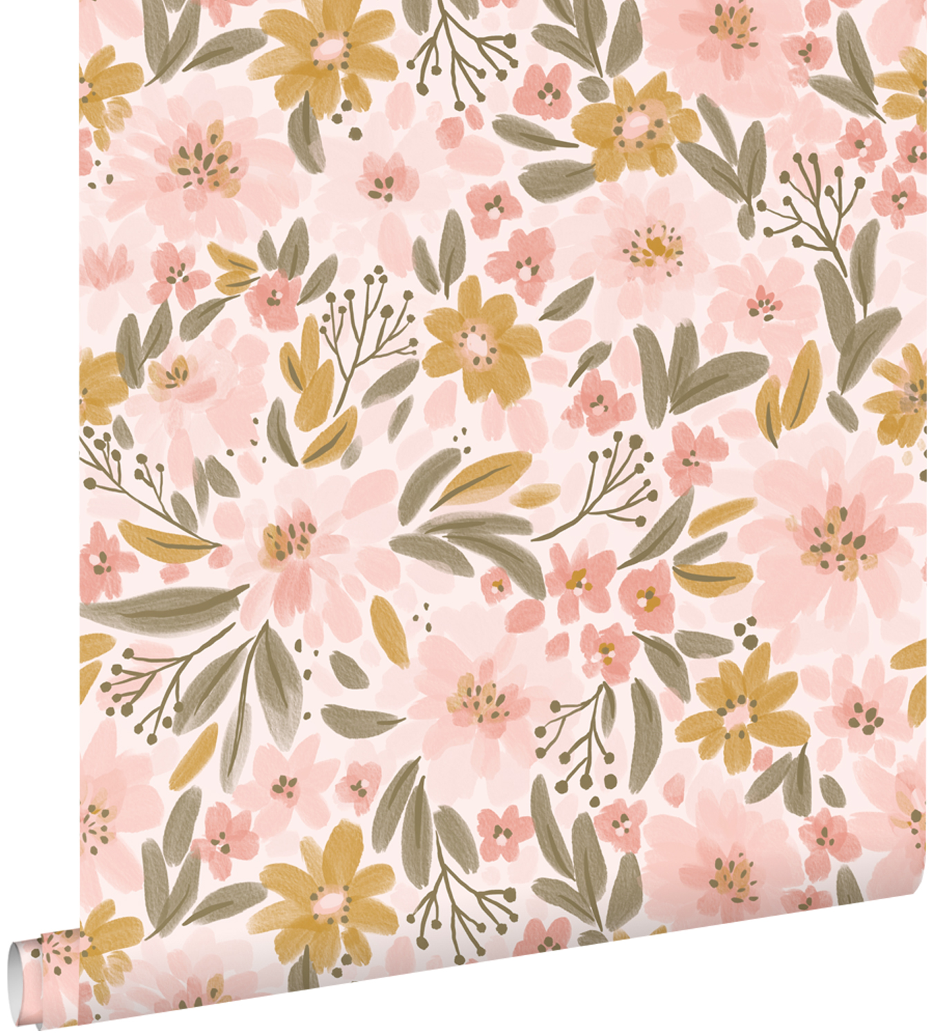 Papel pintado flores rosa claro, amarillo ocre y verde grisáceo - 50 x 900 cm - estahome